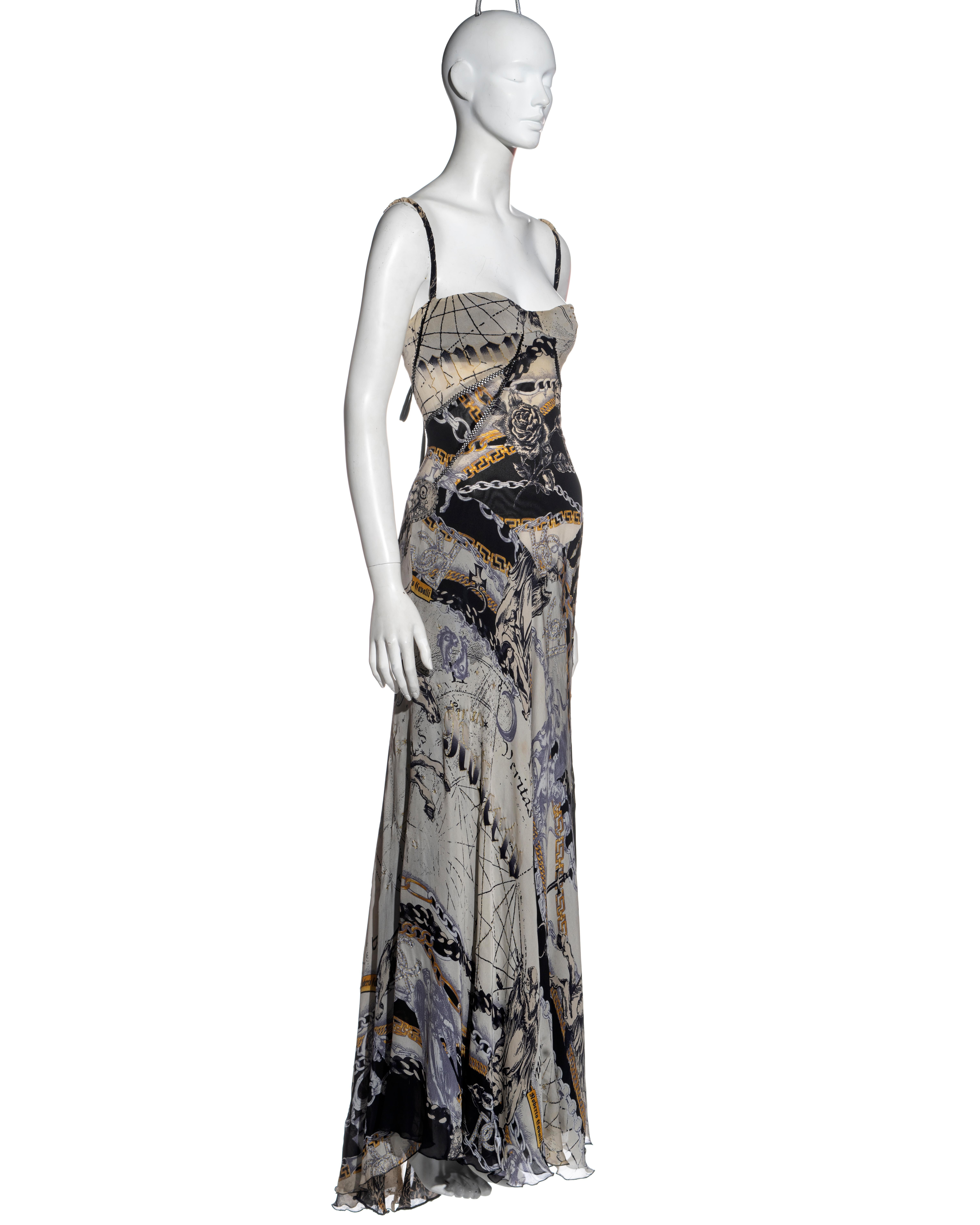 Gray Roberto Cavalli zodiac printed silk trained evening dress, fw 2003
