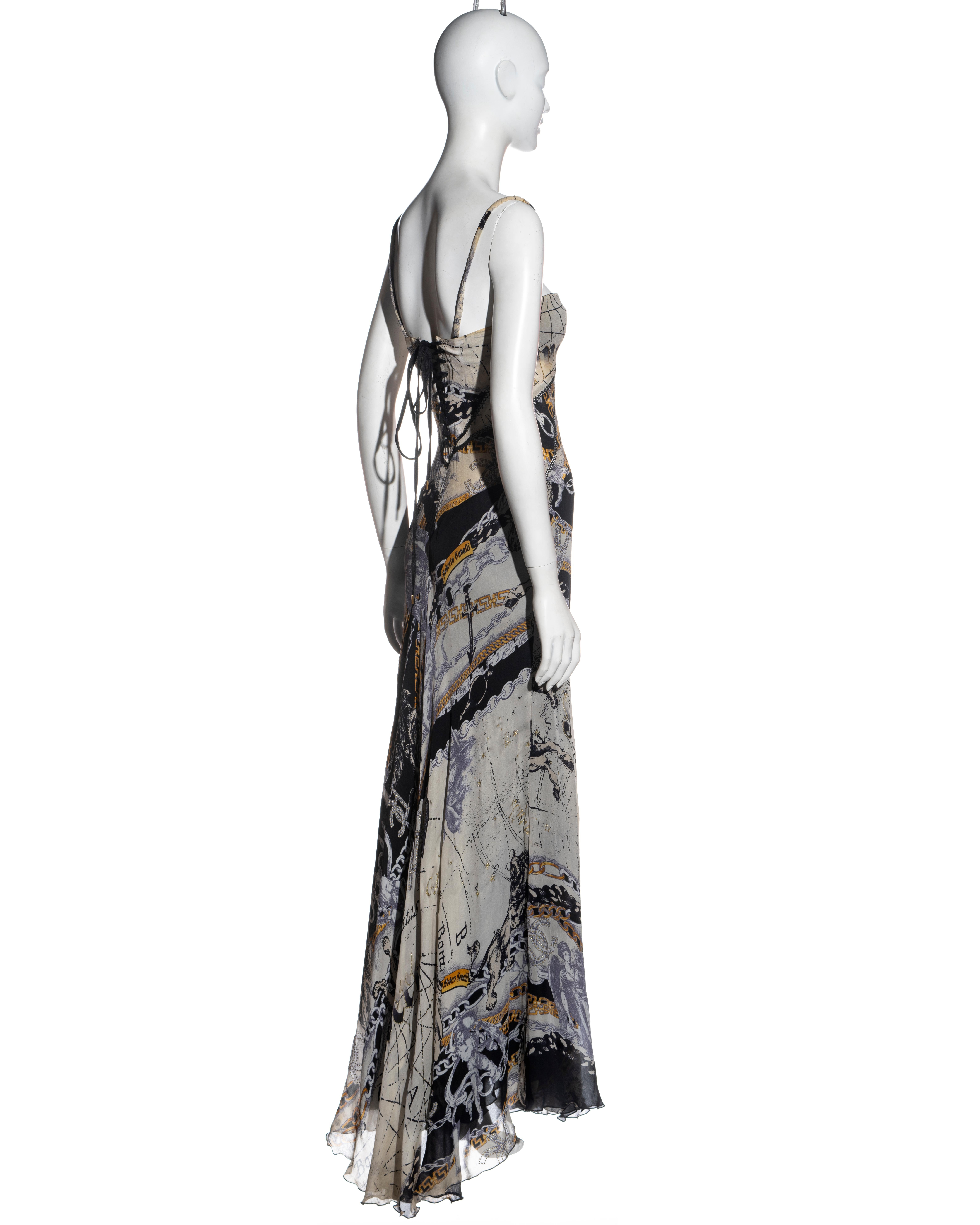 Roberto Cavalli zodiac printed silk trained evening dress, fw 2003 In Excellent Condition In London, GB