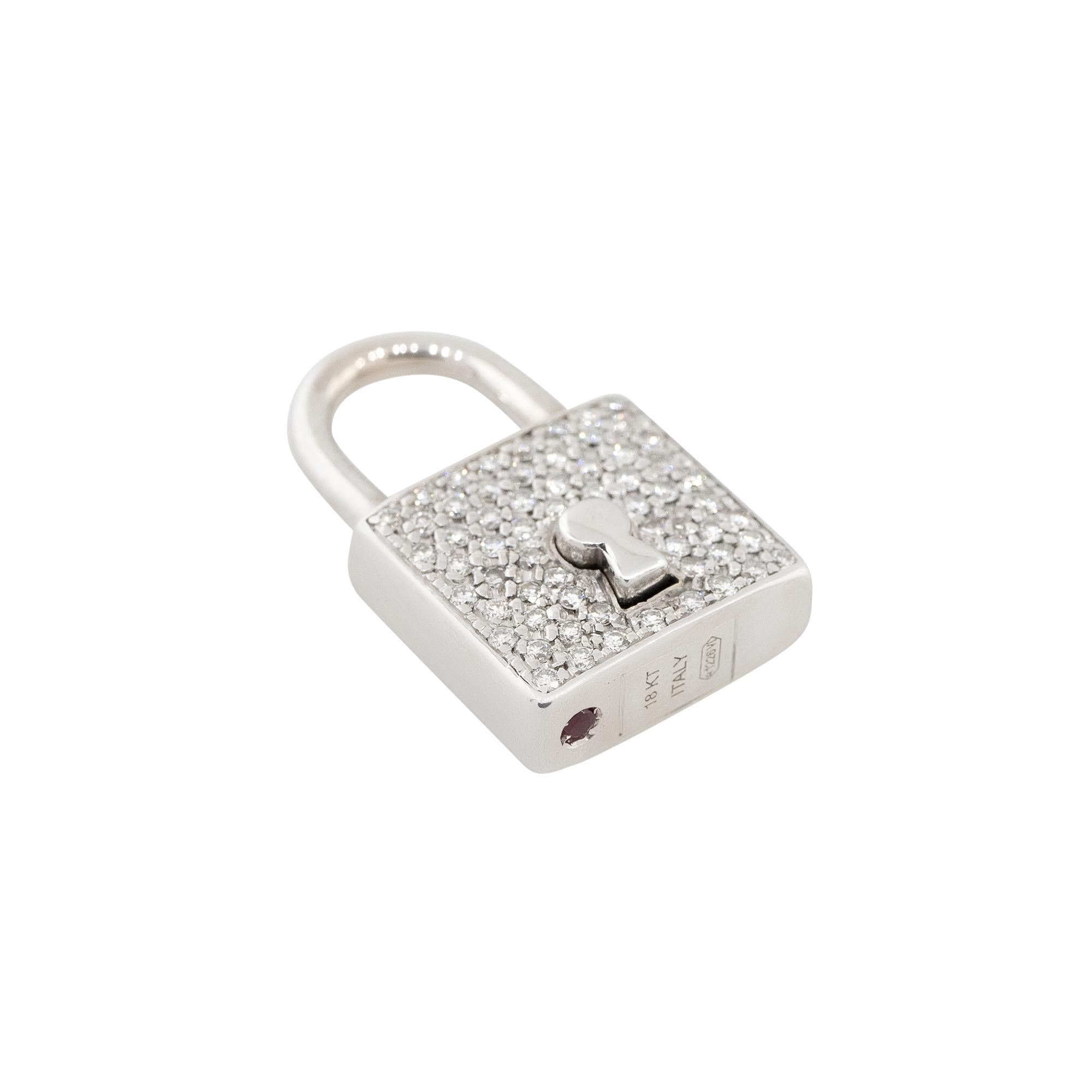 Roberto Coin 18k White Gold 0.43ctw Women's Diamond Padlock Pendant

Brand: Roberto Coin
Material: 18k White Gold
Diamond Details: Approximately 0.43ctw of Pave set Diamonds
Item Weight: 7.7g (5.0dwt)
Item Dimensions: 13.16mm x 6.20mm x