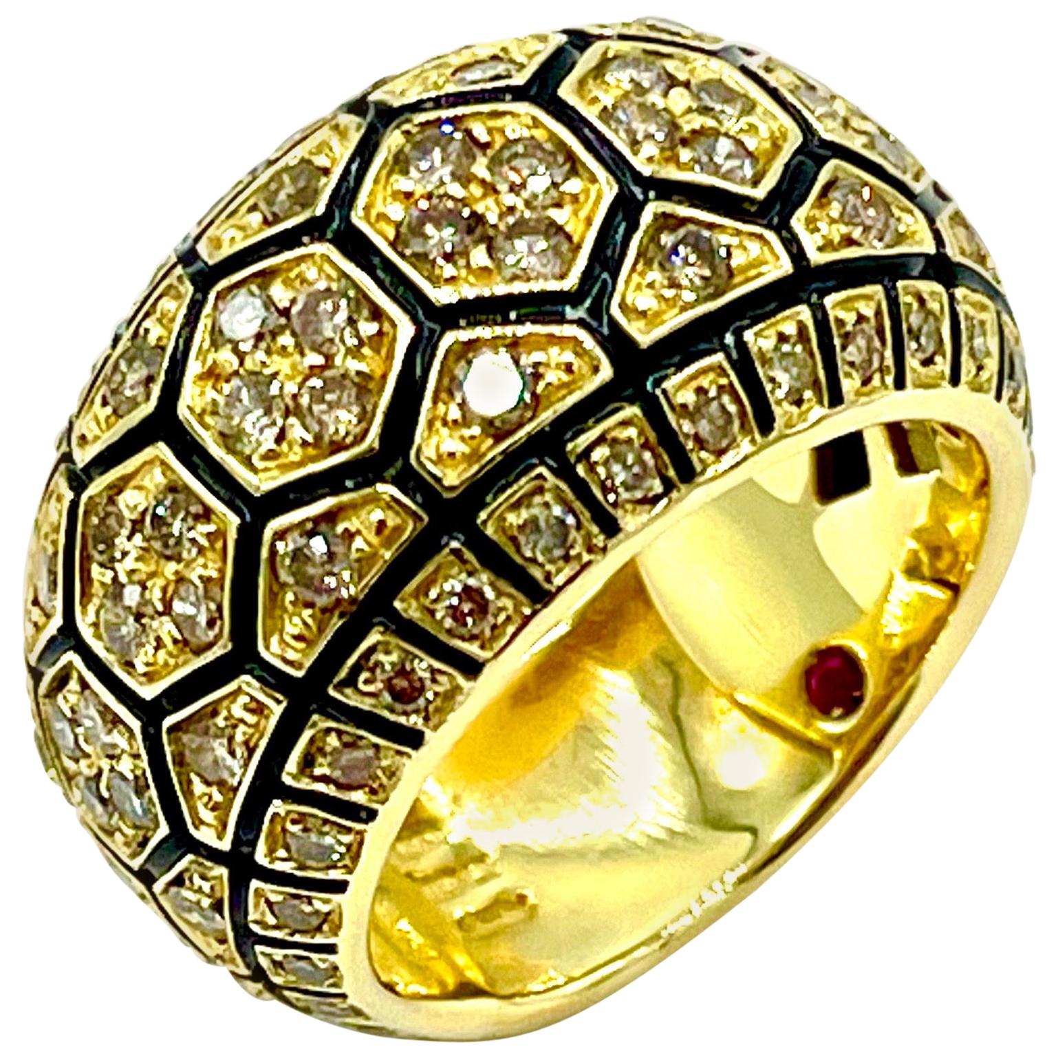 Roberto Coin 1.05 Carat Champagne Diamond and Black Enamel Yellow Gold Band Ring