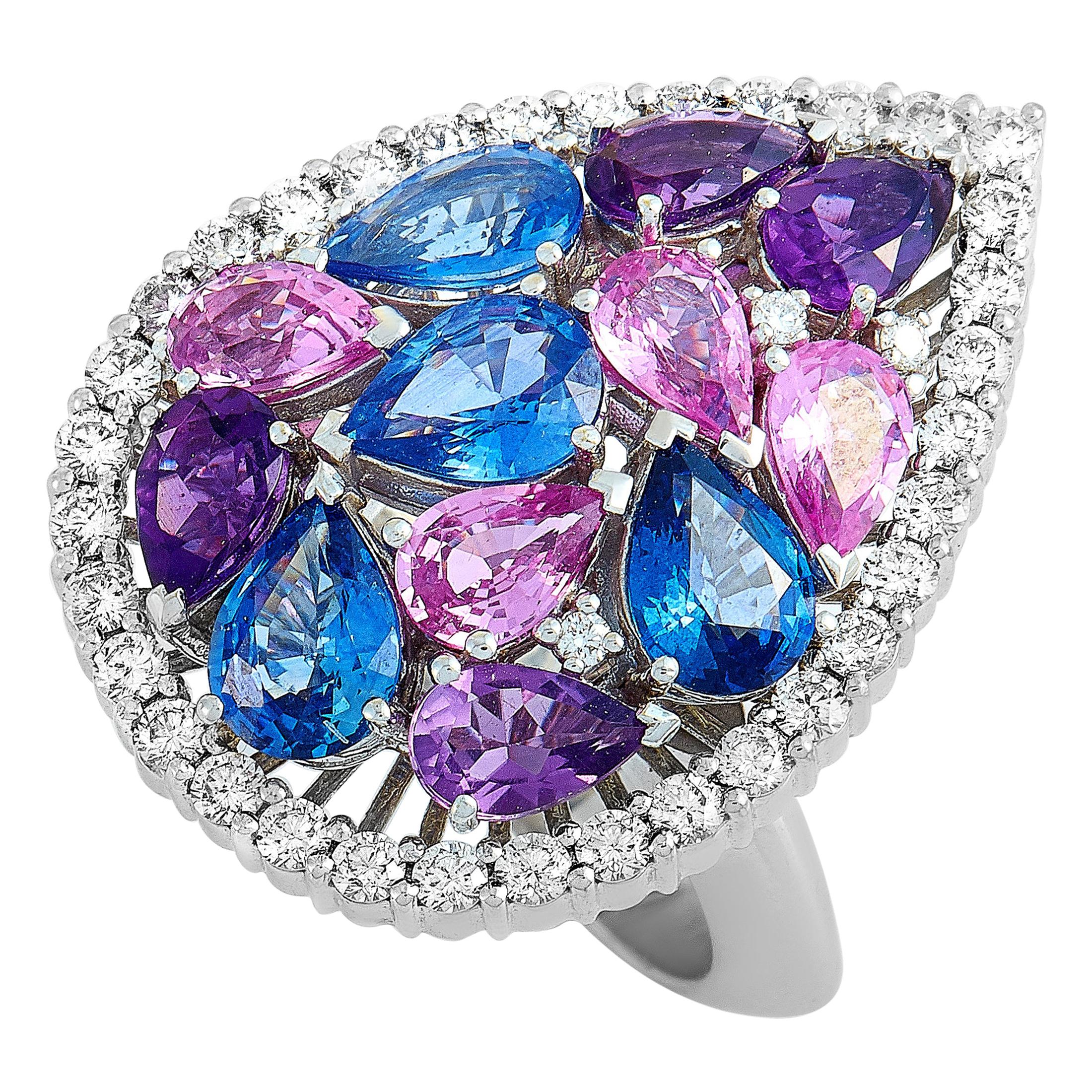 Roberto Coin 18 Karat Gold Diamond, Amethyst and Blue/Pink Sapphire Pear Ring