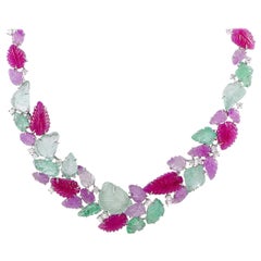Roberto Coin 18 Karat Gold Diamond, Emerald and Ruby Leaves Riviera Necklace