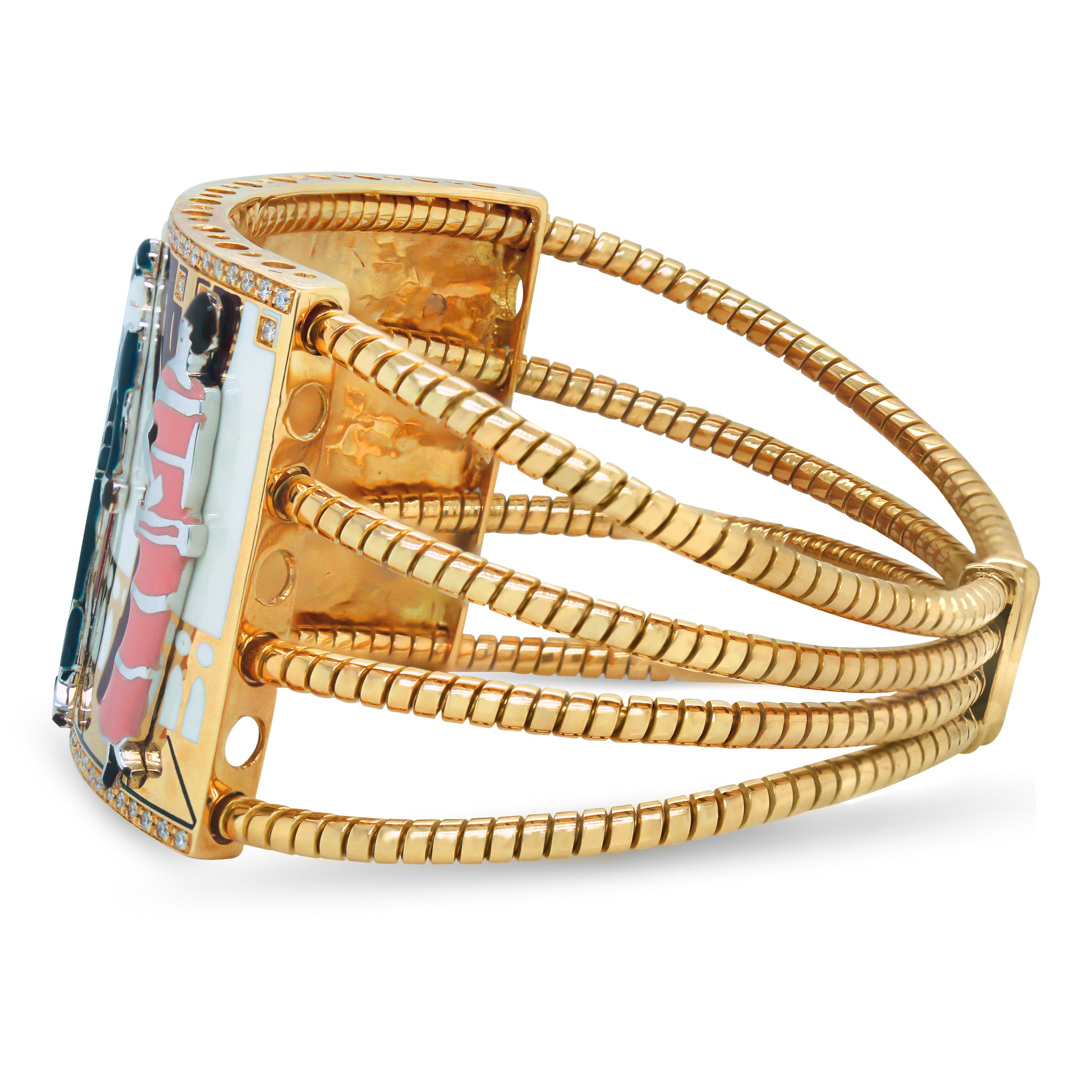 Roberto Coin 18 Karat Gold Diamond Enamel Ladies Models Wide Cuff Bracelet In Excellent Condition For Sale In Boca Raton, FL