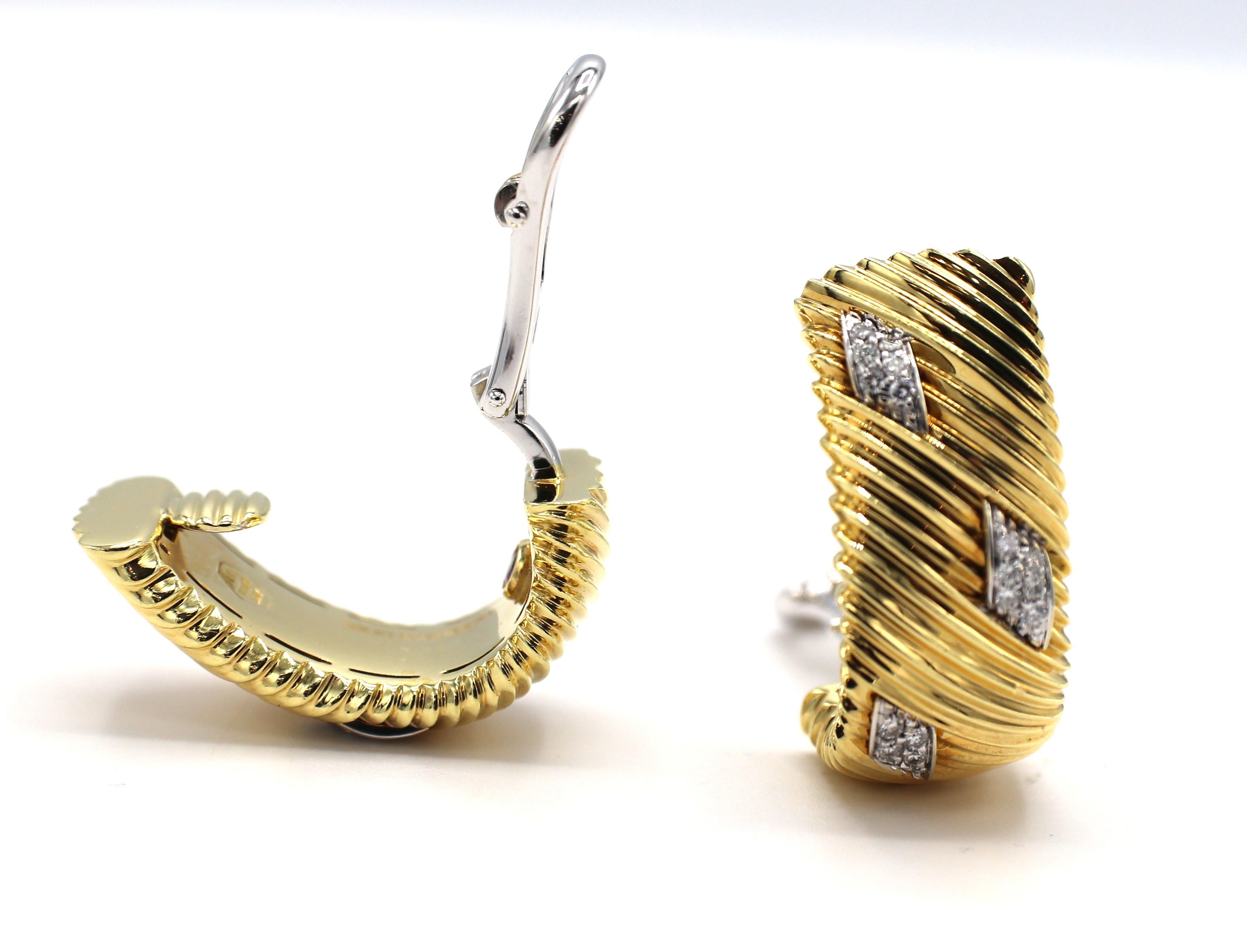 Round Cut Roberto Coin 18 Karat Gold Diamond Half Hoop Earrings