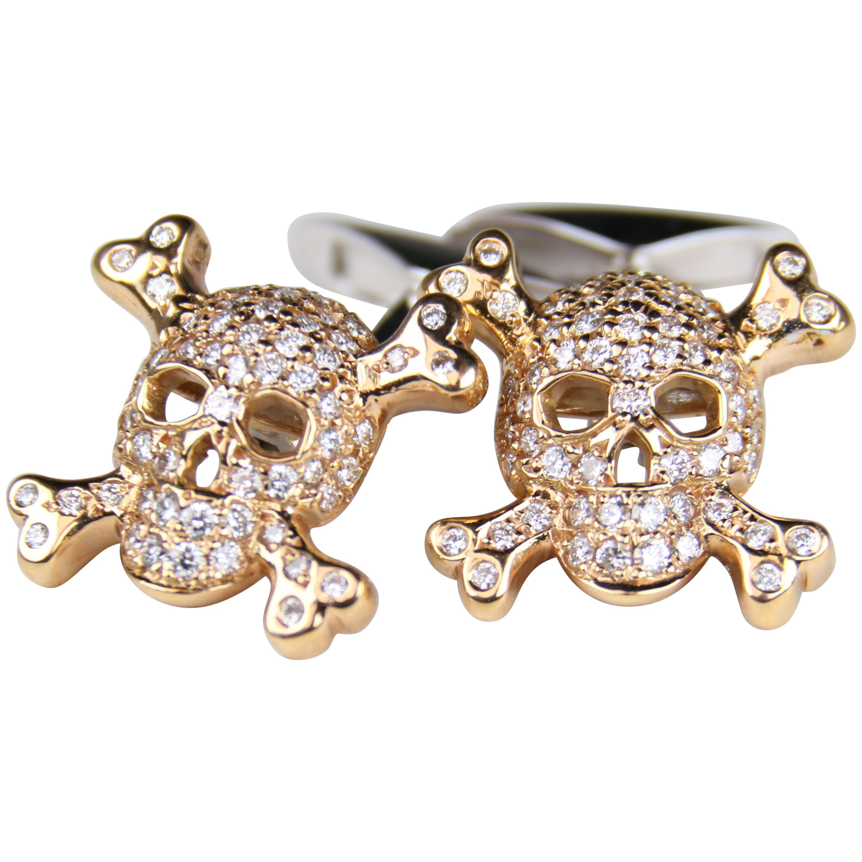 Roberto Coin 18 Karat Rose and White Gold Diamond Skull Cuff Links