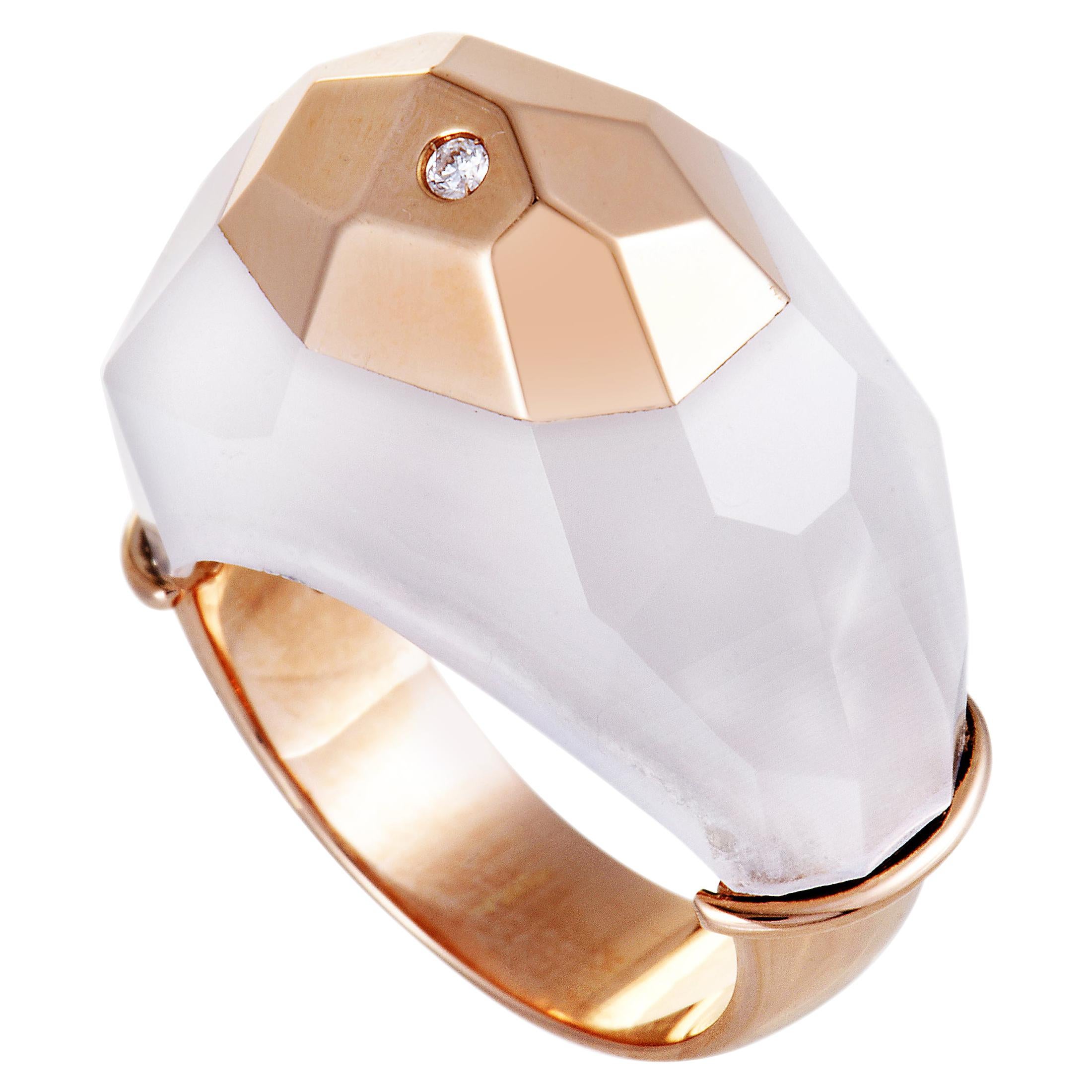 Roberto Coin 18 Karat Rose Gold Diamond and White Quartz Ring