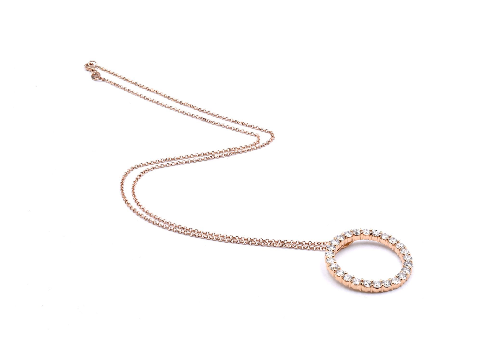Designer: Roberto Coin 
Material: 18k rose gold
Diamonds: 25 round brilliant cuts = 2.30cttw
Color: G
Clarity: VS1
Dimensions: necklace measures 20-inches
Weight: 9.48 grams
Retail: $6850
