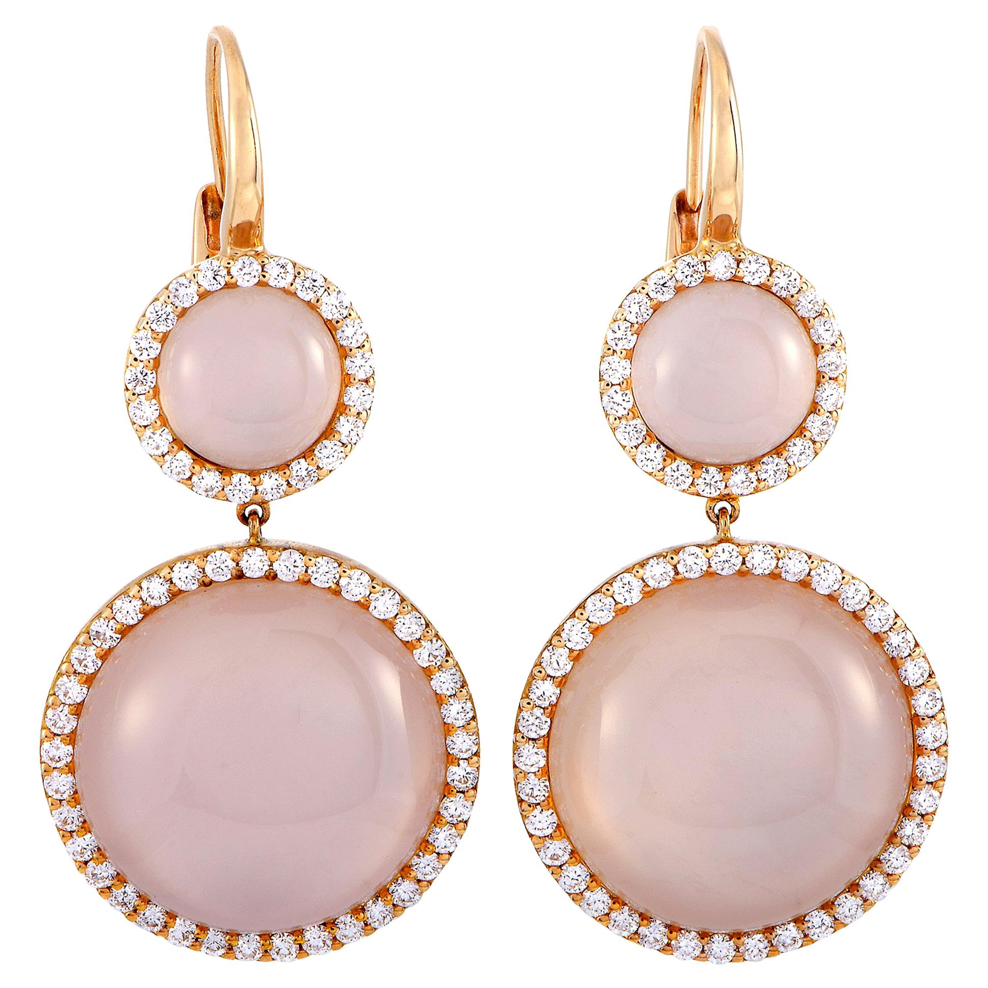 Roberto Coin 18 Karat Rose Gold Diamond Pave and Pink Quartz Lever Back Earrings