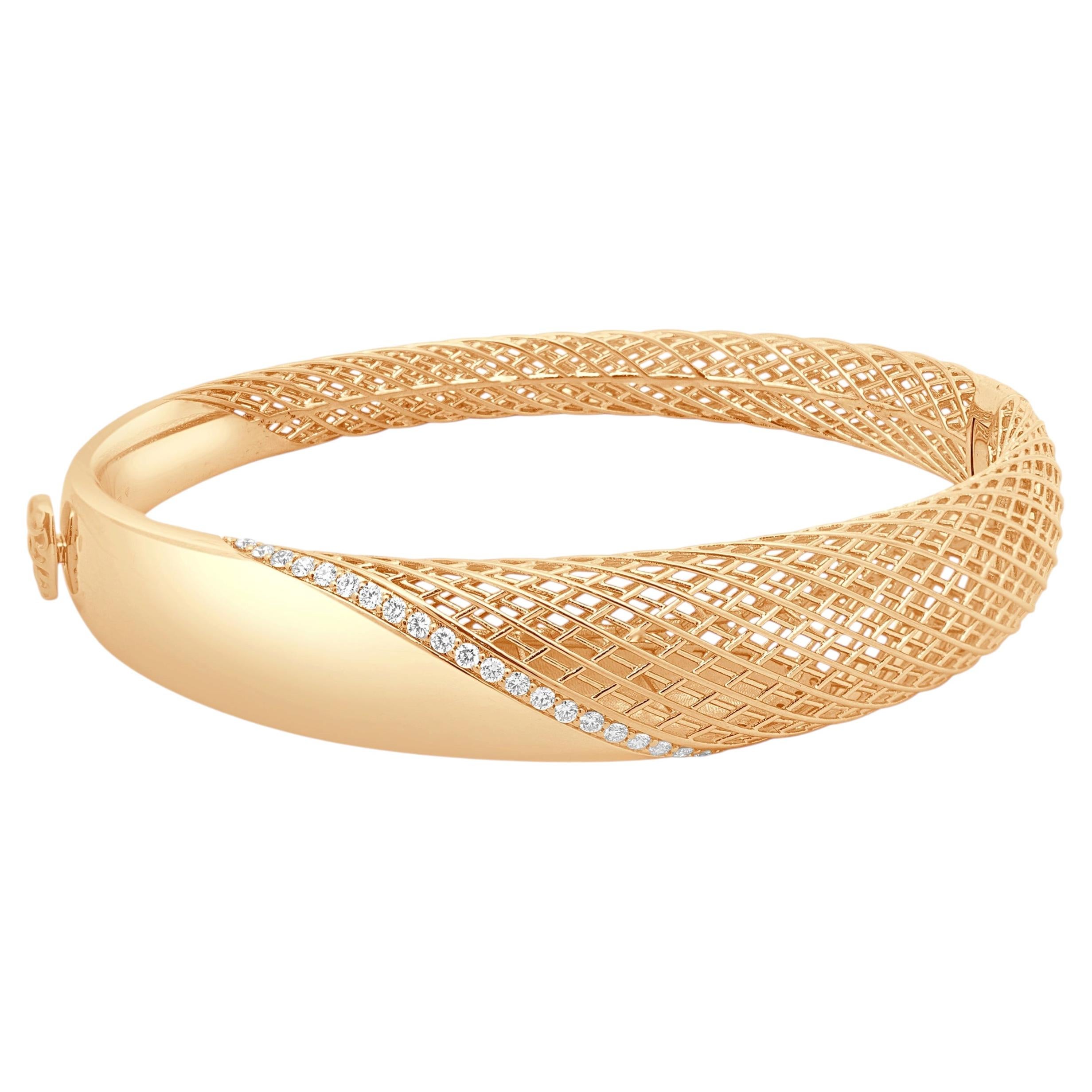 Roberto Coin 18 Karat Rose Gold Round Diamond Silk Open Weave Bangle Bracelet For Sale