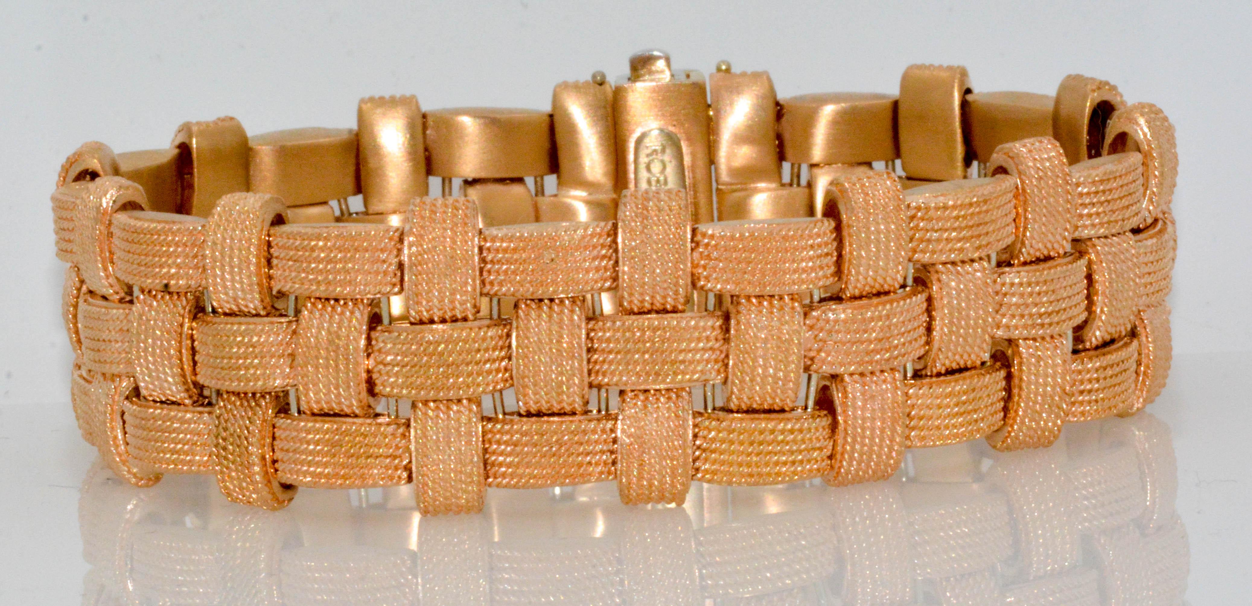 Roberto Coin 18 Karat Rose Gold Three-Row Woven Bracelet with Diamond Clasp 1