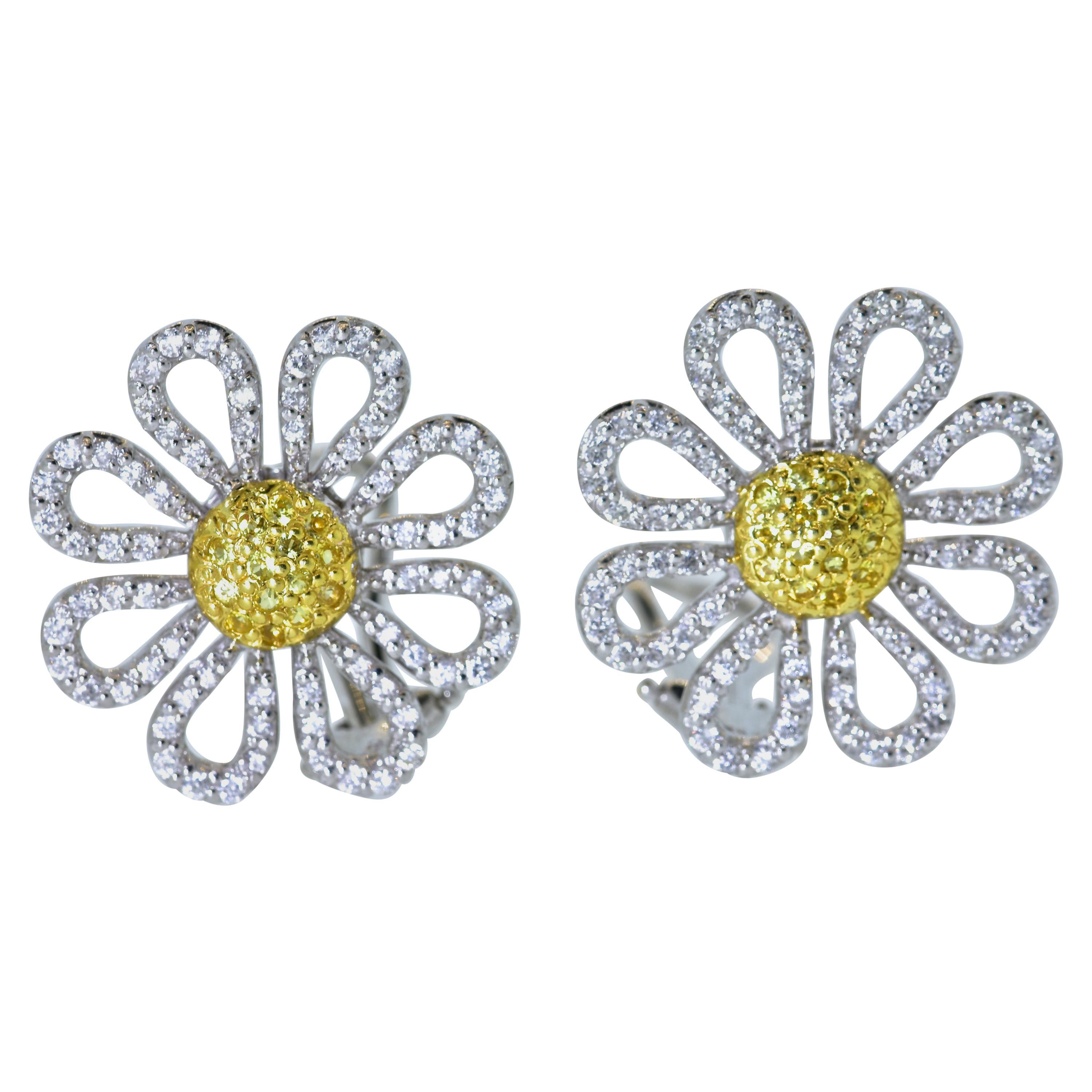 Roberto Coin 18 Karat White and Intense Fancy Yellow Diamond Daisy Earrings