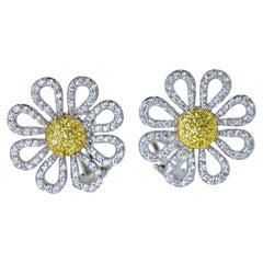 Roberto Coin 18 Karat White and Intense Fancy Yellow Diamond Daisy Earrings