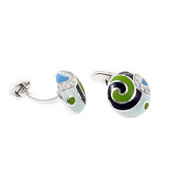 Roberto Coin 18 Karat White Gold Blue and Green Enamel 0.25 ct Diamond Cufflinks