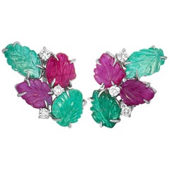 Roberto Coin 18 Karat White Gold Diamond, Emerald and Ruby Omega Back Earrings