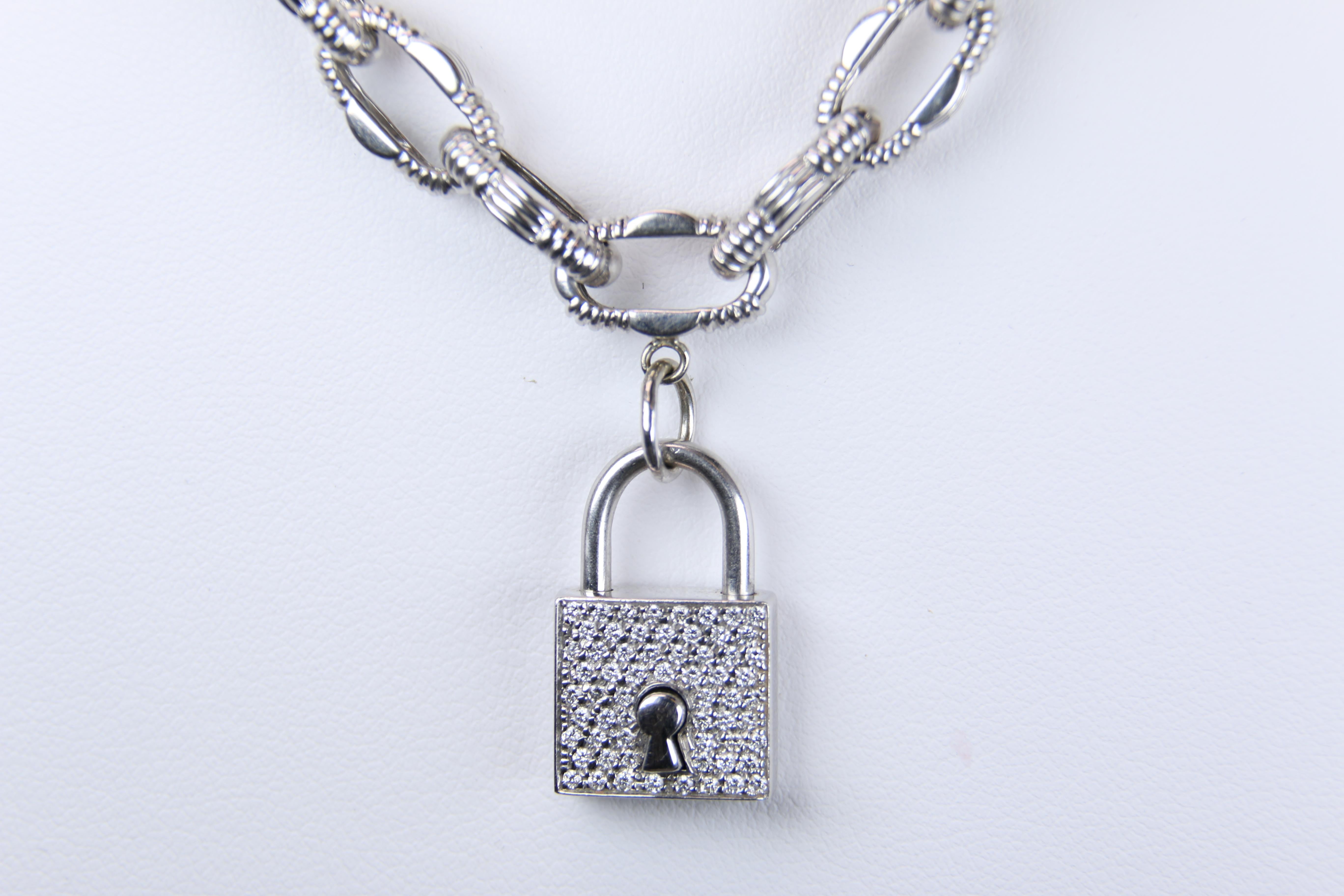 Roberto Coin 18 Karat White Gold Link Necklace with Diamond Lock Pendant For Sale 8