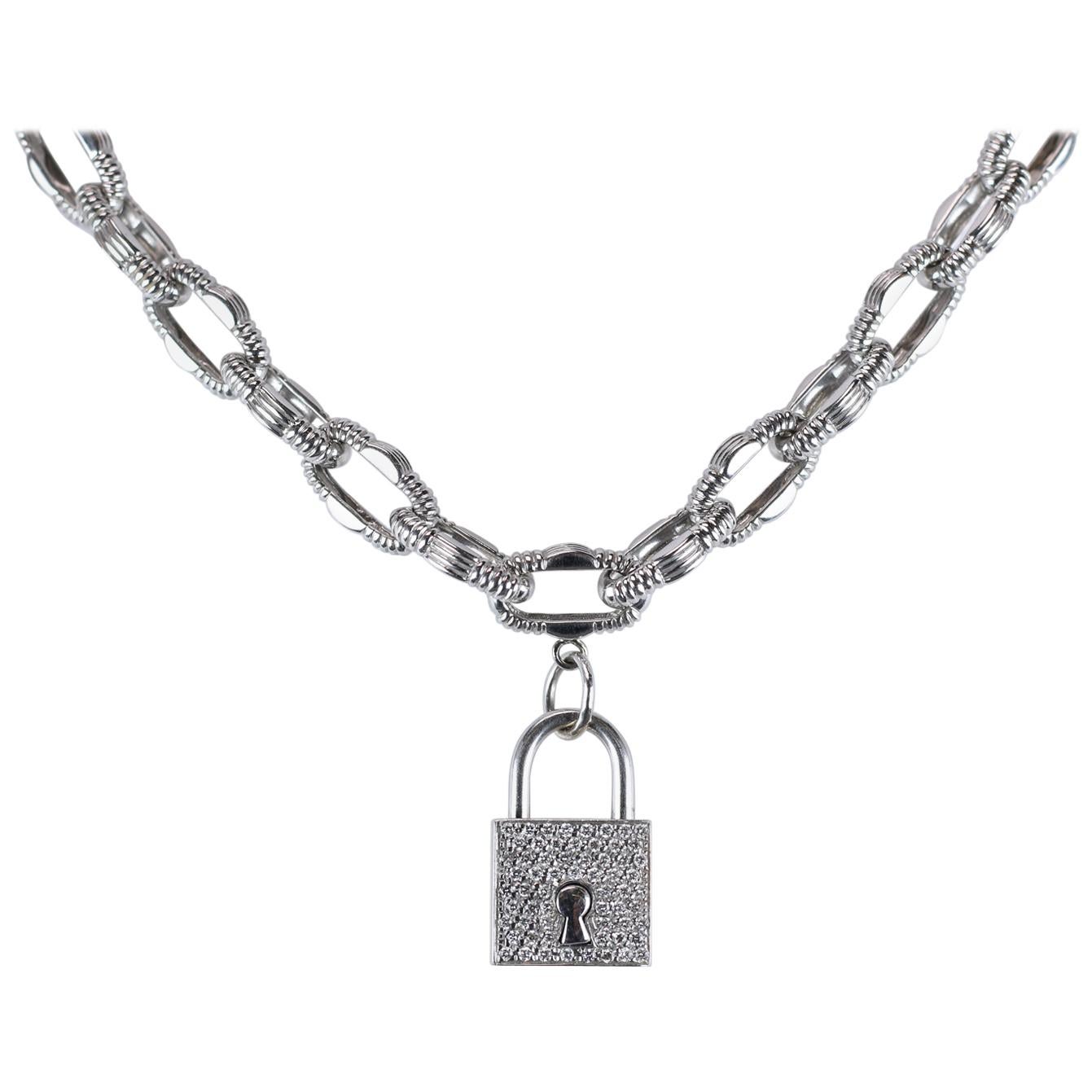 Roberto Coin 18 Karat White Gold Link Necklace with Diamond Lock Pendant For Sale