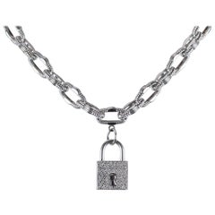 Vintage Roberto Coin 18 Karat White Gold Link Necklace with Diamond Lock Pendant