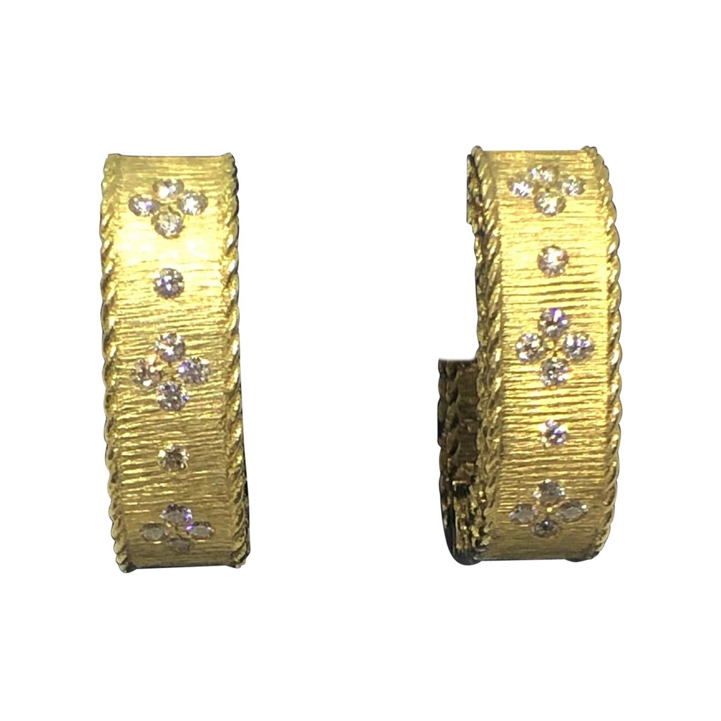 Roberto Coin 18 Karat Yellow Gold and Diamond Square "Princess" Hoop Earrings