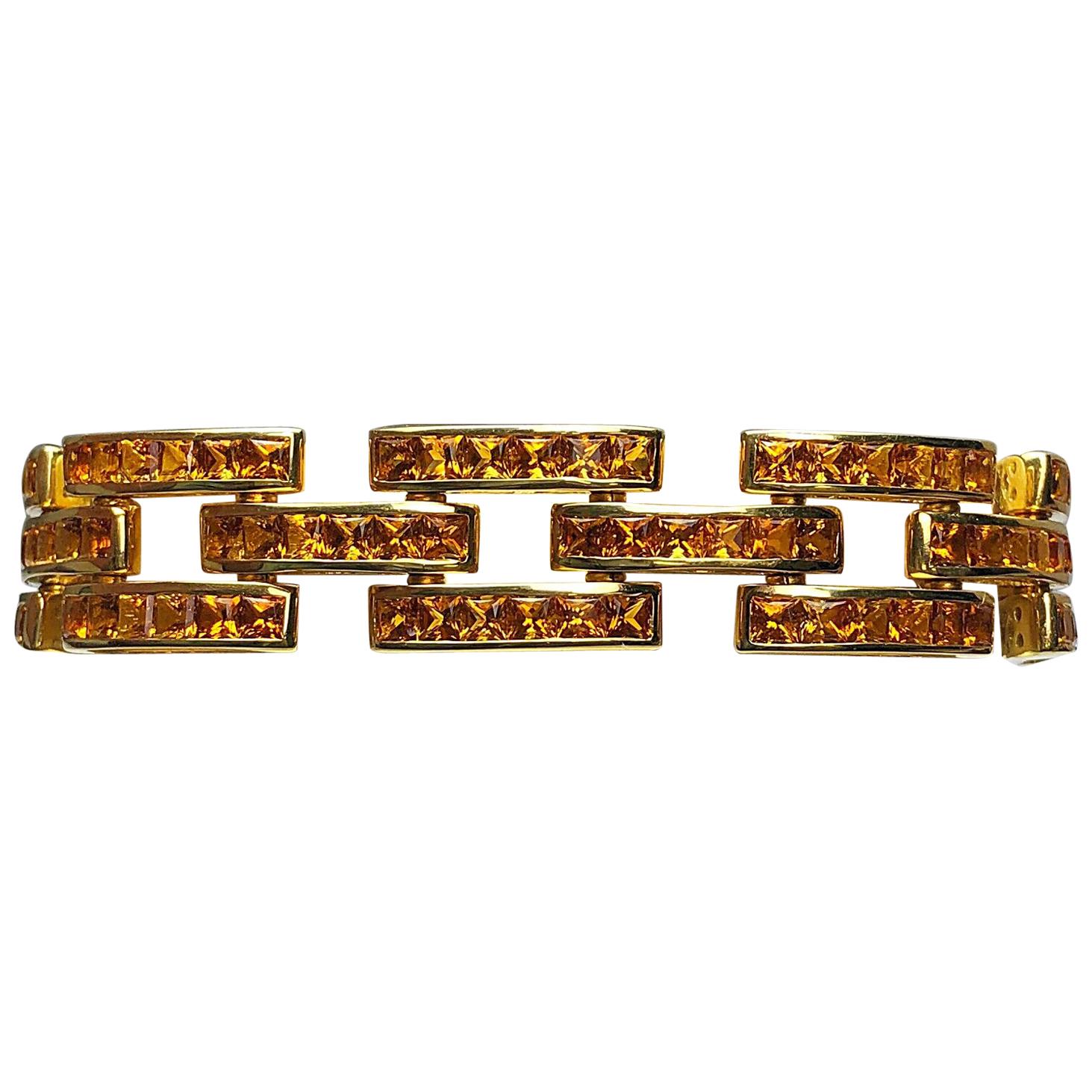 Roberto Coin 18 Karat Yellow Gold and Princess Cut Citrine Square Link Bracelet For Sale