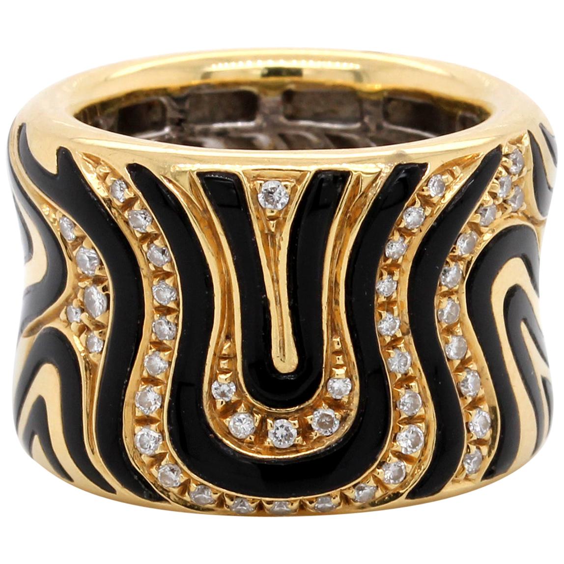 Roberto Coin 18 Karat Yellow Gold Diamond and Enamel Zebra Ring For Sale