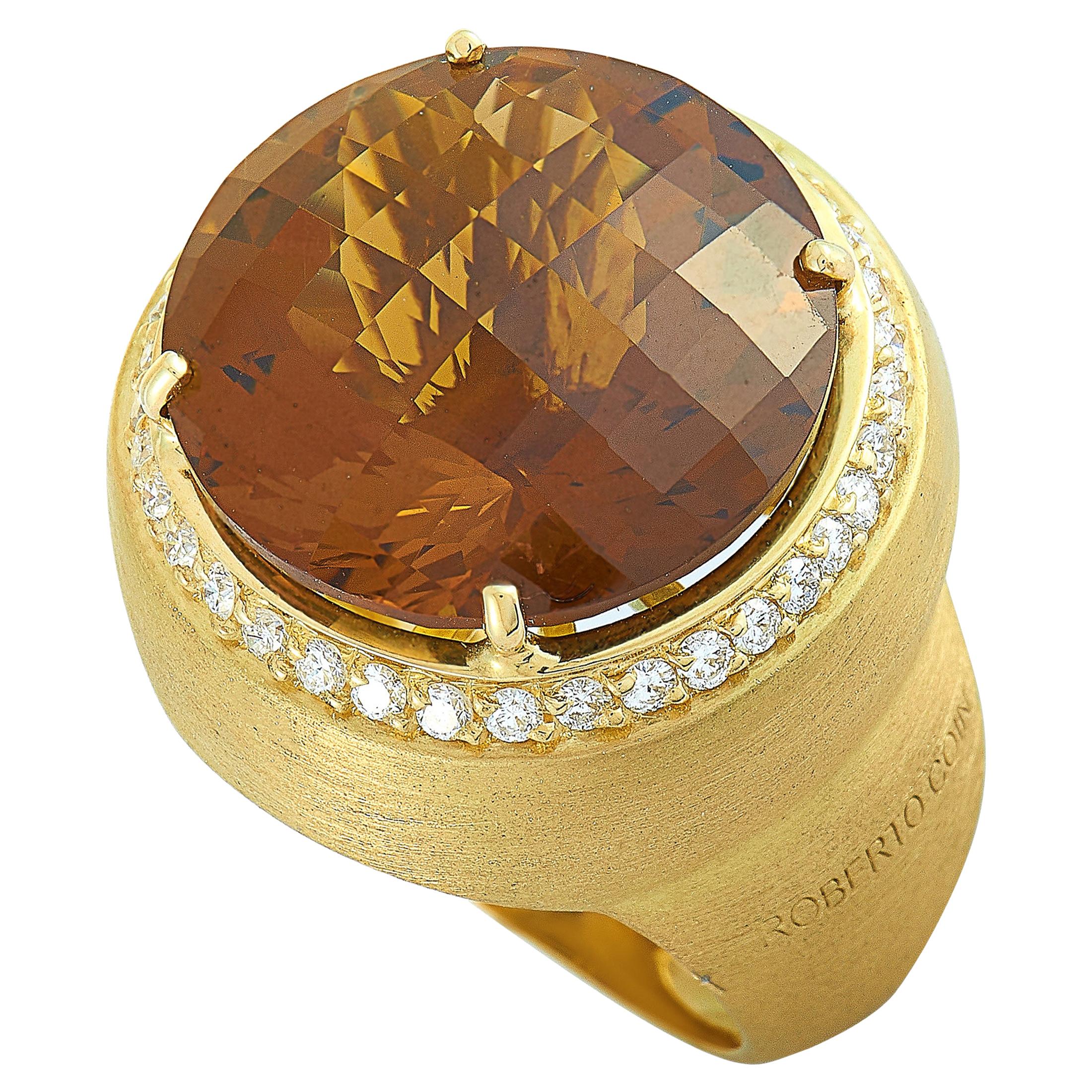 Roberto Coin 18 Karat Yellow Gold Diamond and Honey Quartz Round Ring