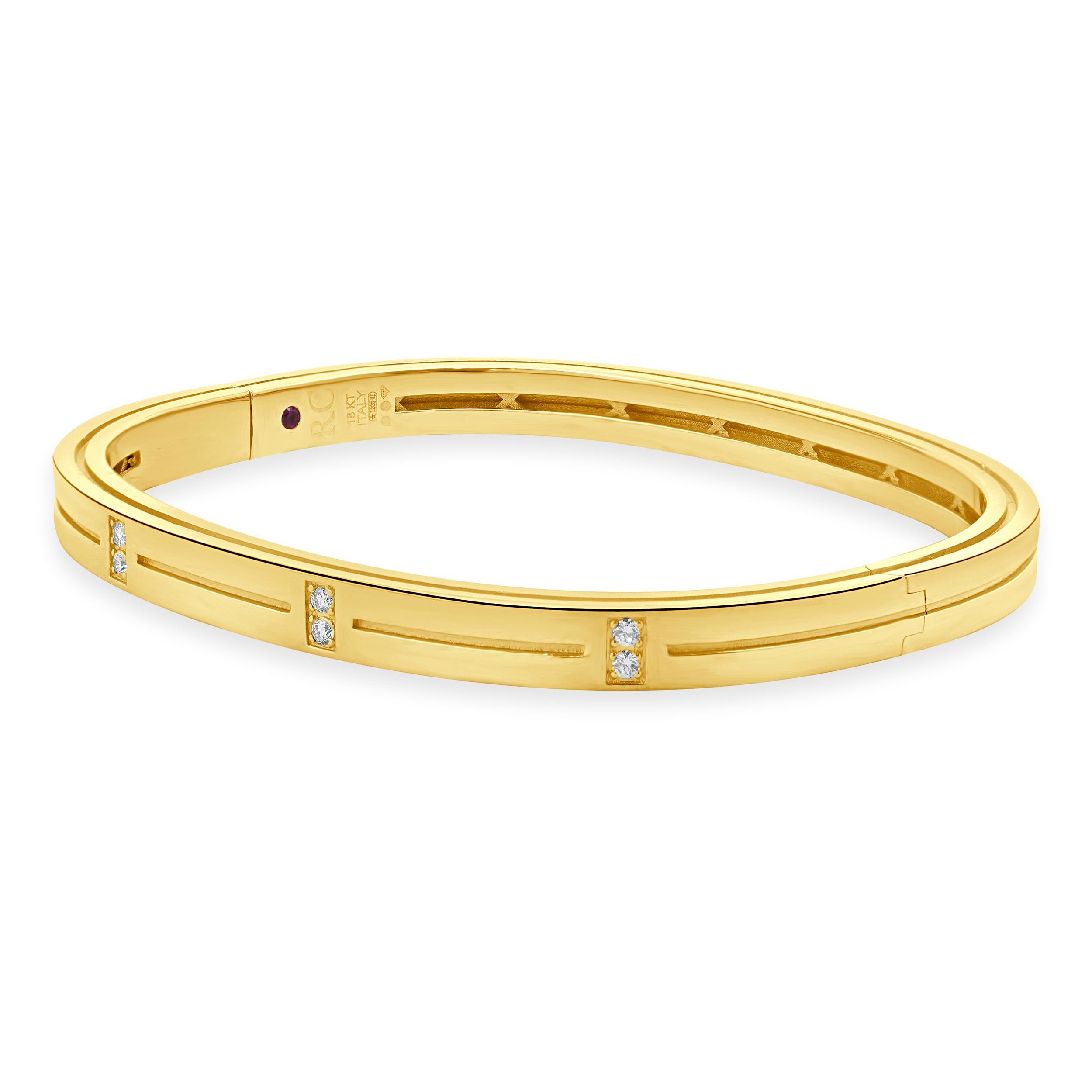 Designer : Roberto Coin
Matériau : Or jaune 18K
Diamants : 8 diamants ronds de taille brillant = 0.12cttw
Couleur : G
Clarté : VS1-2
Poids : 19,22
Dimensions : le bracelet s'adapte à un poignet de 6,5 pouces.

447-53