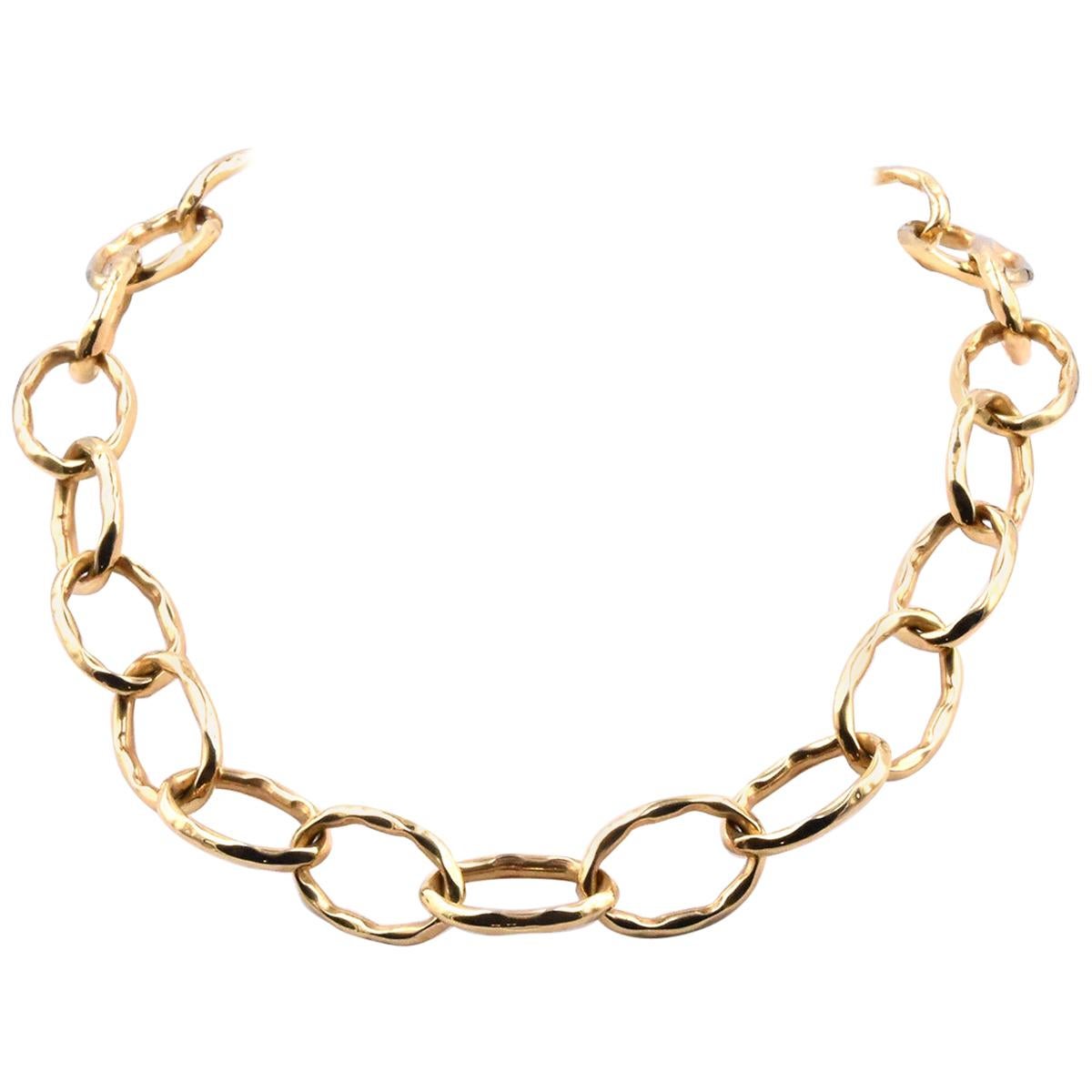 Roberto Coin 18 Karat Yellow Gold Hammered Oval Link Necklace For Sale