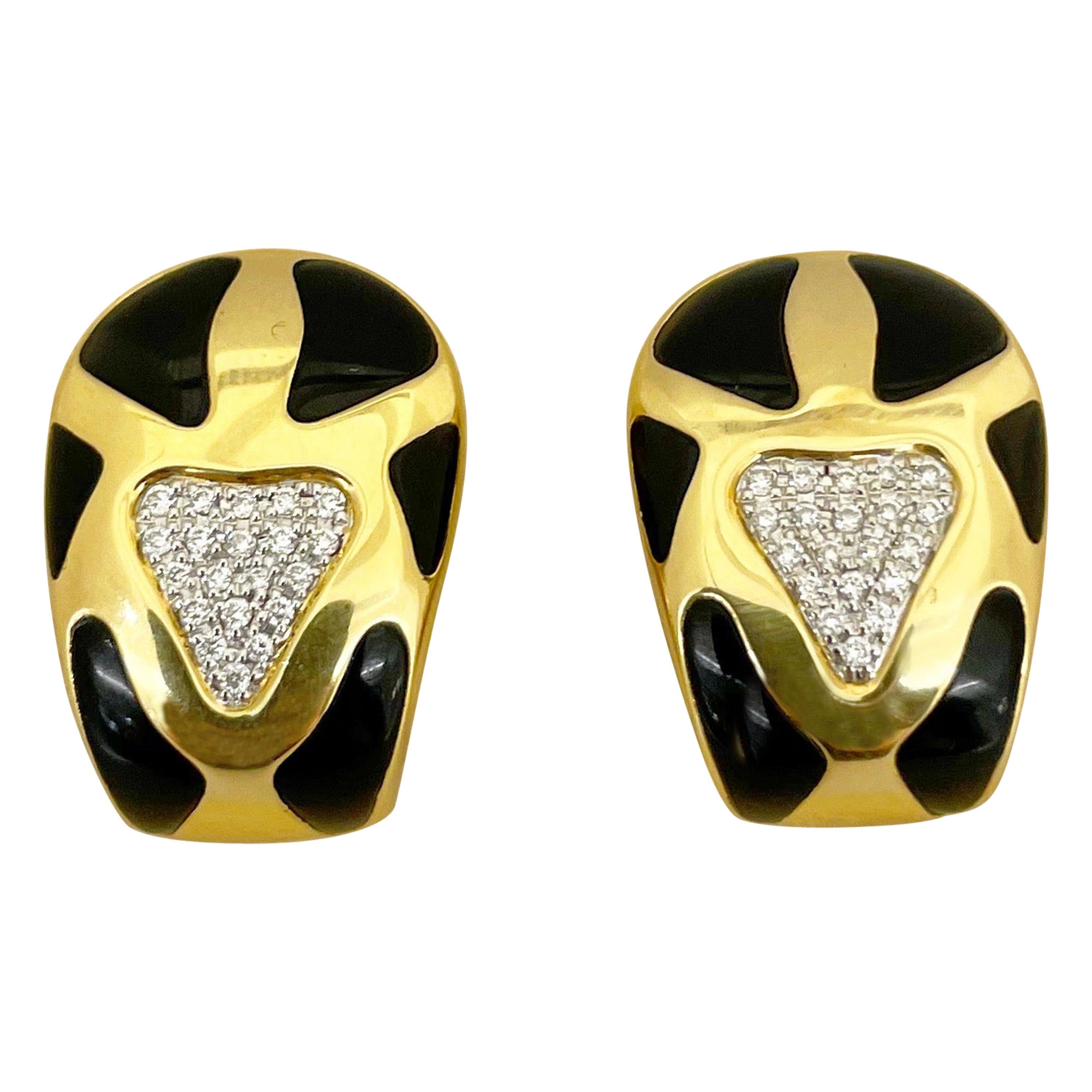 Roberto Coin 18 Karat Yellow Gold Onyx and Diamond Giraffe Pattern Earring For Sale