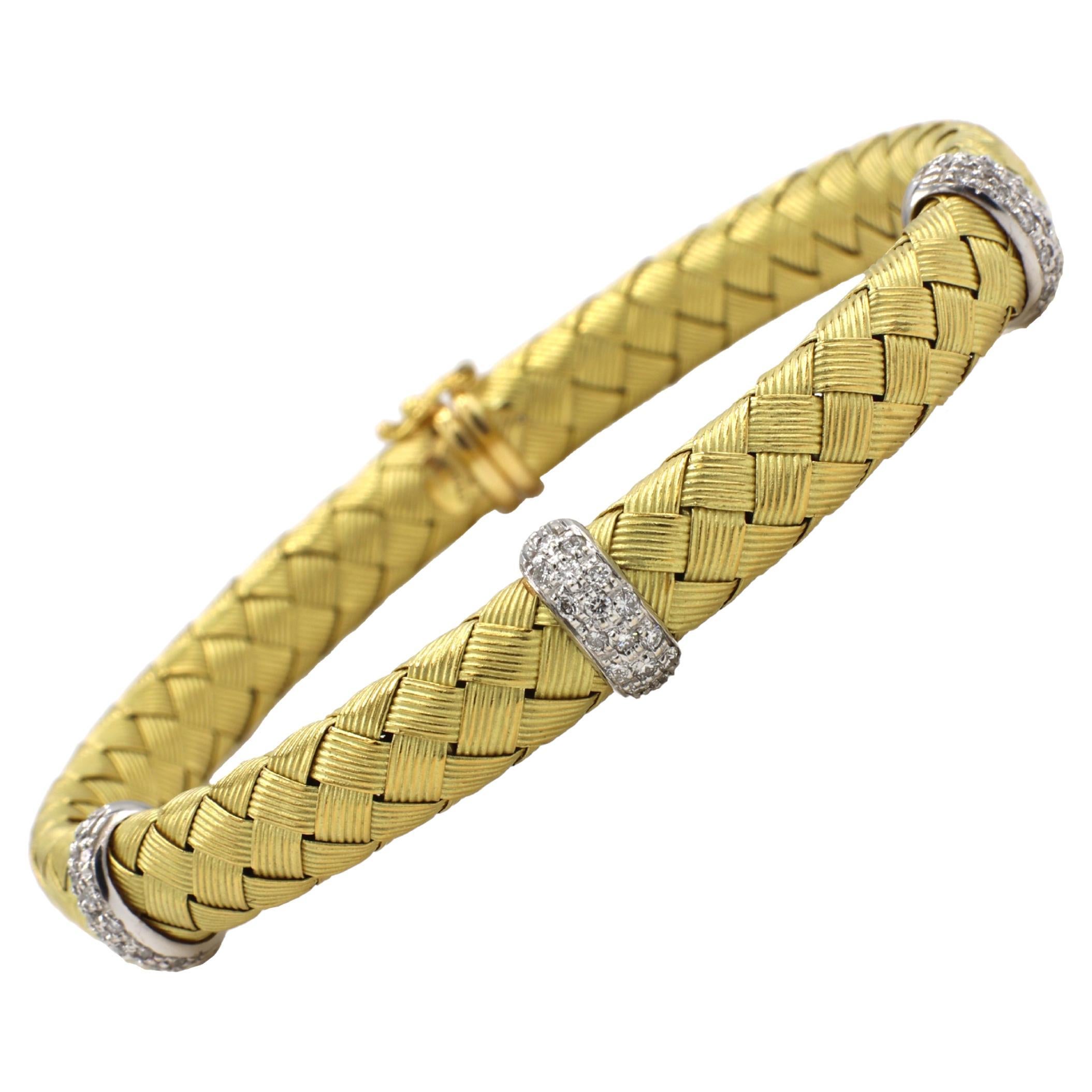 Roberto Coin 18 Karat Yellow Gold Silk Woven Diamond Station Bracelet