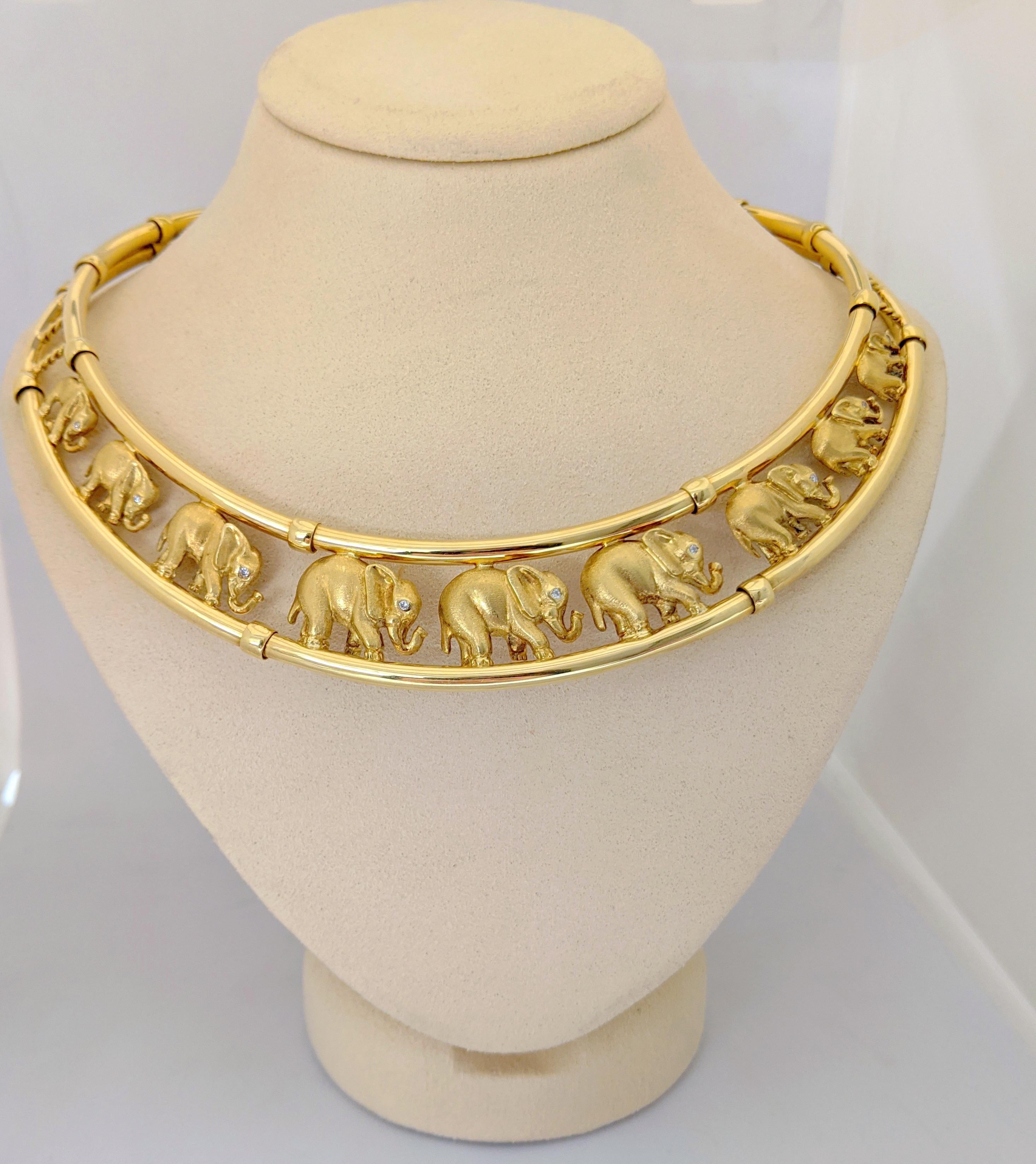 Round Cut Roberto Coin 18 Karat Yellow Gold Vintage Collar Necklace with 9 Elephants