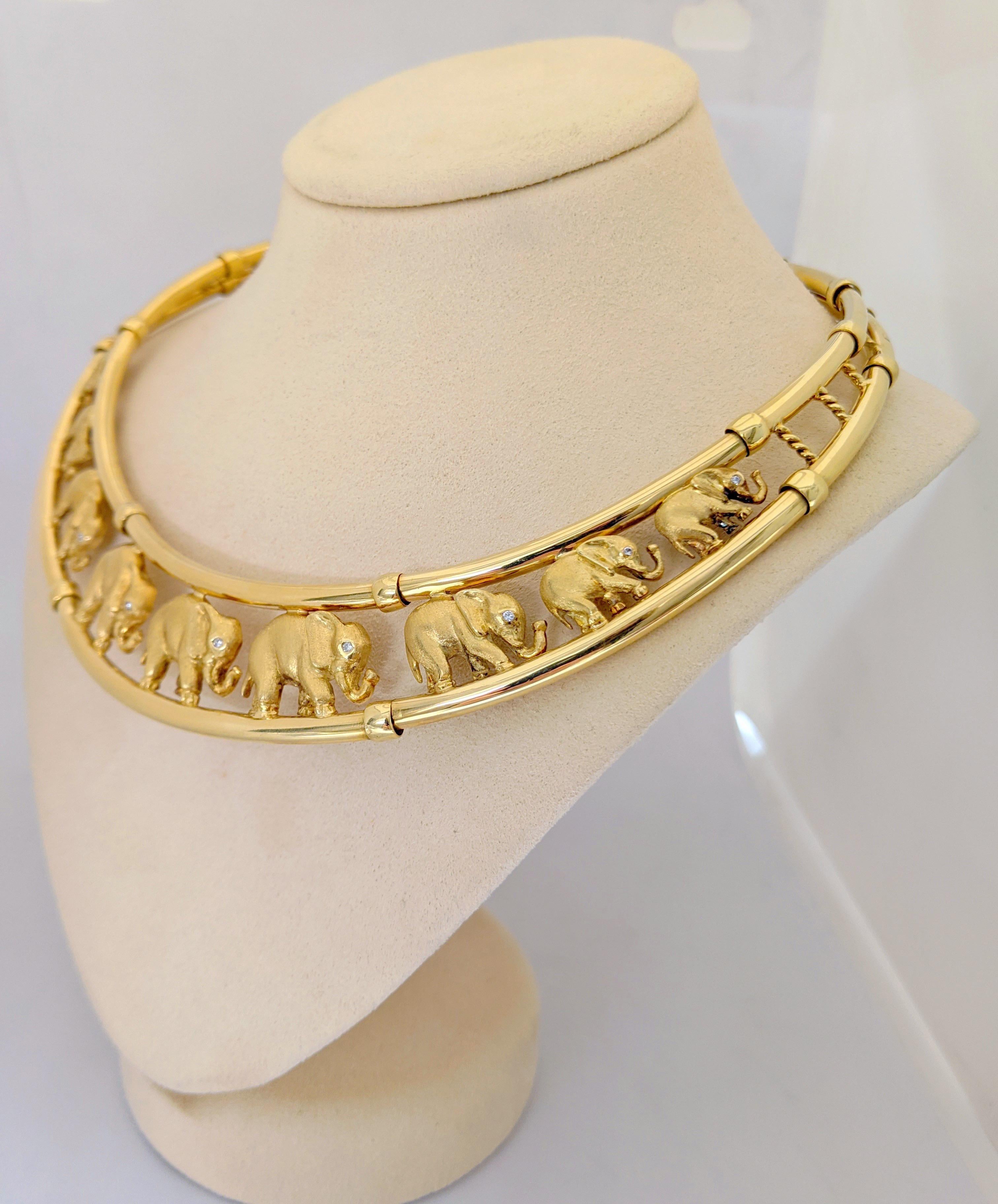 Women's or Men's Roberto Coin 18 Karat Yellow Gold Vintage Collar Necklace with 9 Elephants