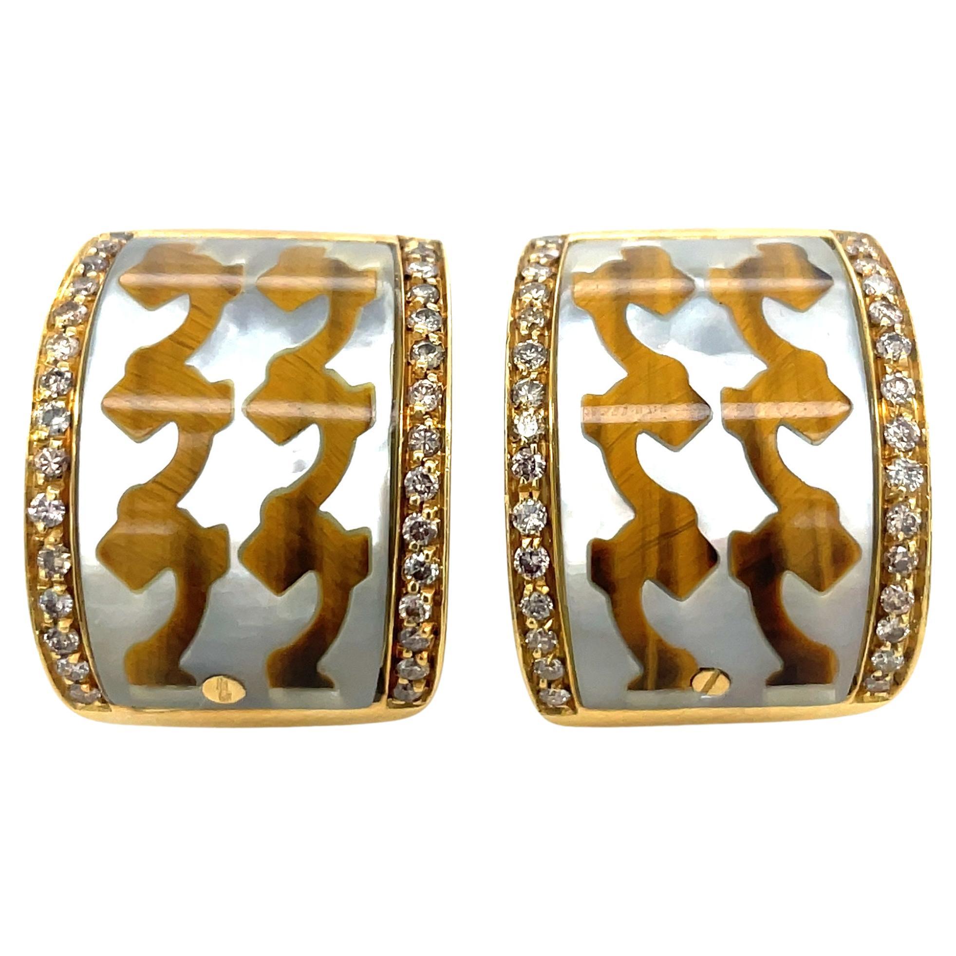 Roberto Coin, 18K Gold, Diamond, Mother-of-Pearl and Tiger's Eye Inlay Earrings