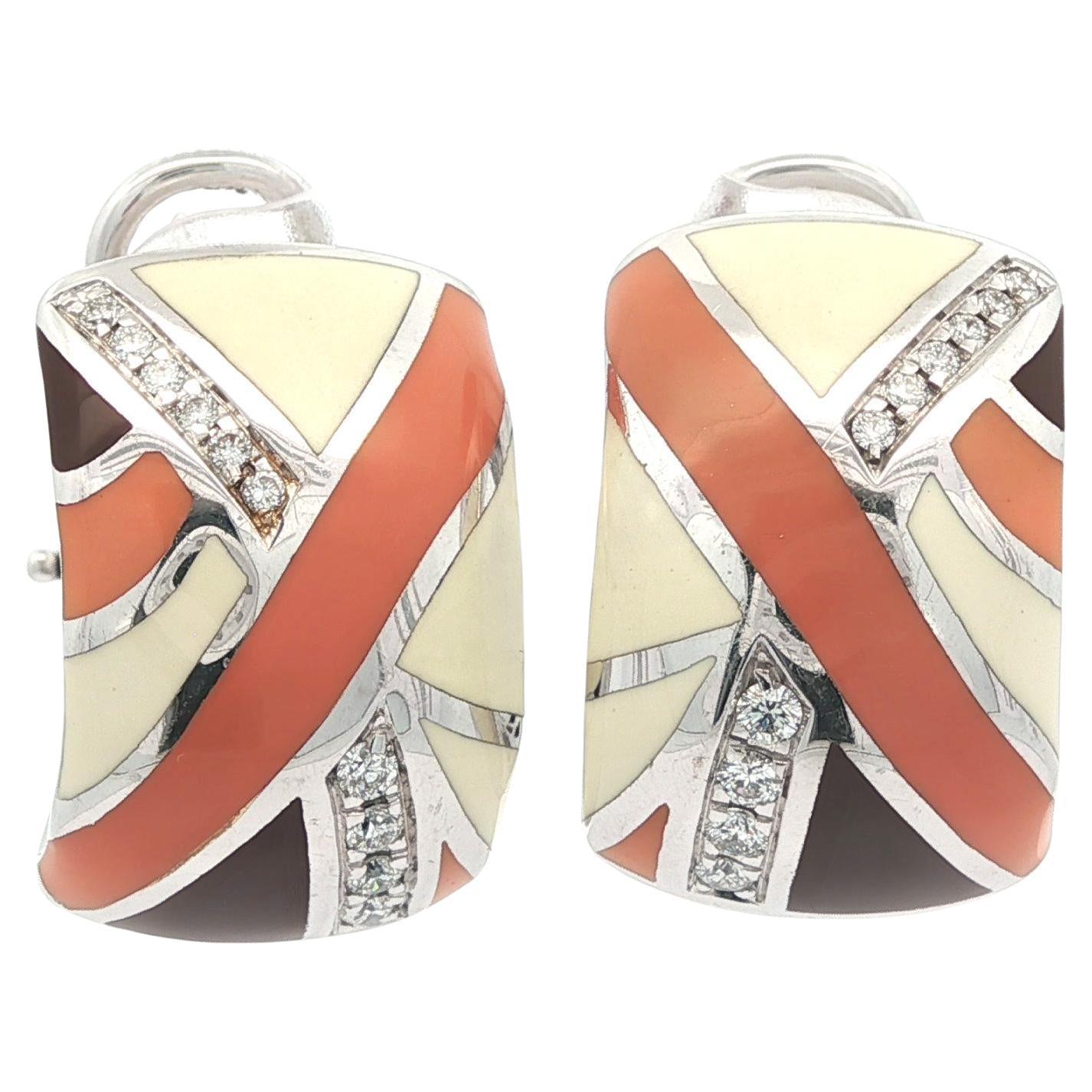 Roberto Coin 18k Gold Diamond 
Orange Beige Enamel Work Wide Cuff Earrings
