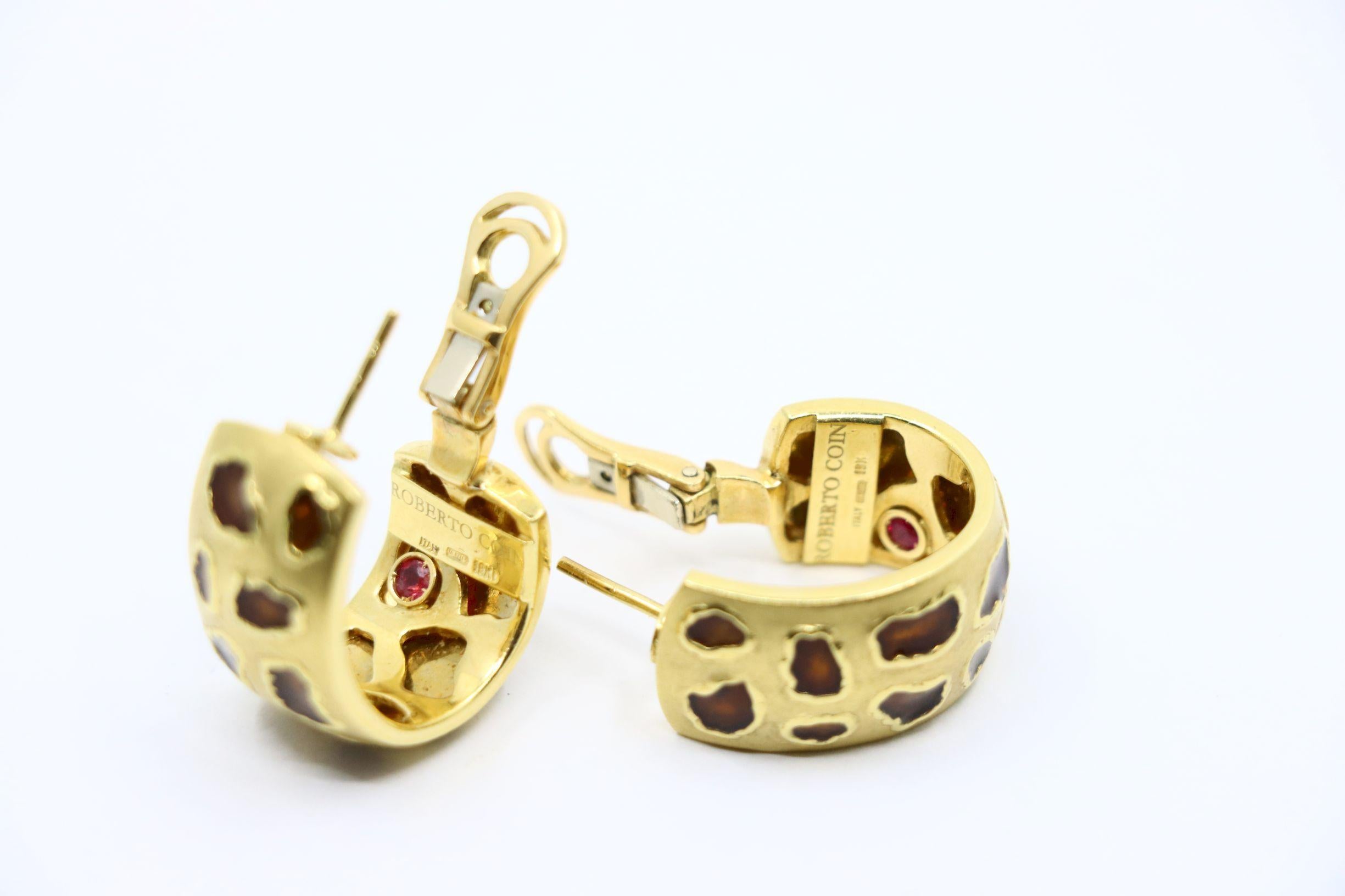 Roberto Coin Ohrringe, Münze 18 Karat Gold Emaille Leopardenmuster im Angebot 7