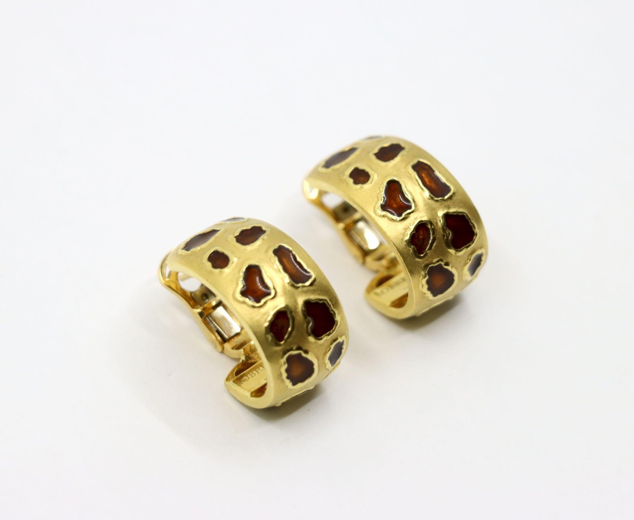 Roberto Coin Ohrringe, Münze 18 Karat Gold Emaille Leopardenmuster im Angebot 1