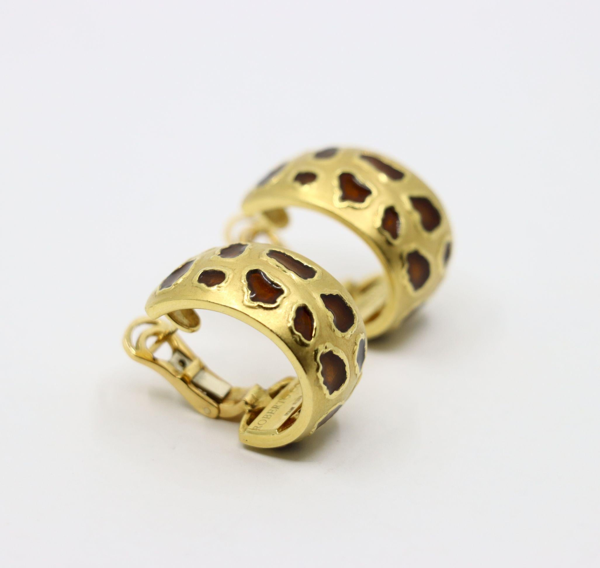 Roberto Coin Ohrringe, Münze 18 Karat Gold Emaille Leopardenmuster im Angebot 4
