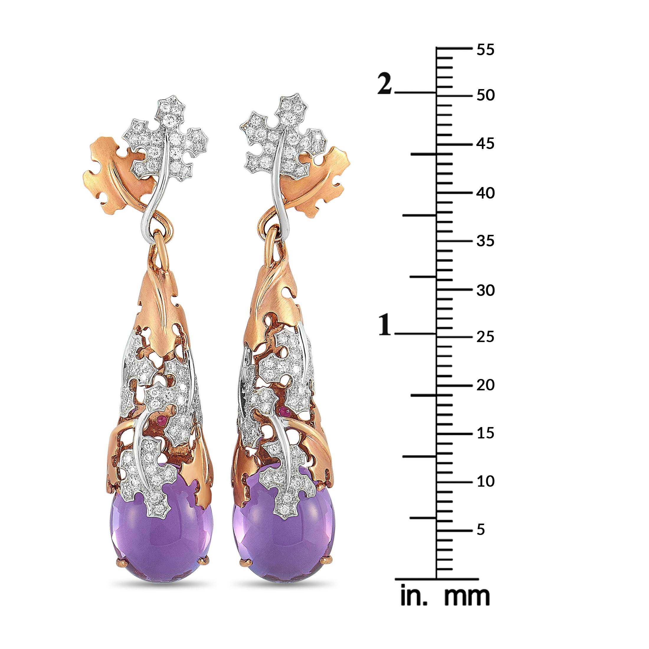 The Roberto Coin “Garden” earrings are made out of 18K rose and white gold and each weighs 7.5 grams, measuring 2” in length and 0.37” in width. The earrings are set with diamonds and amethysts that total 0.73 and 12.00 carats respectively.

Offered