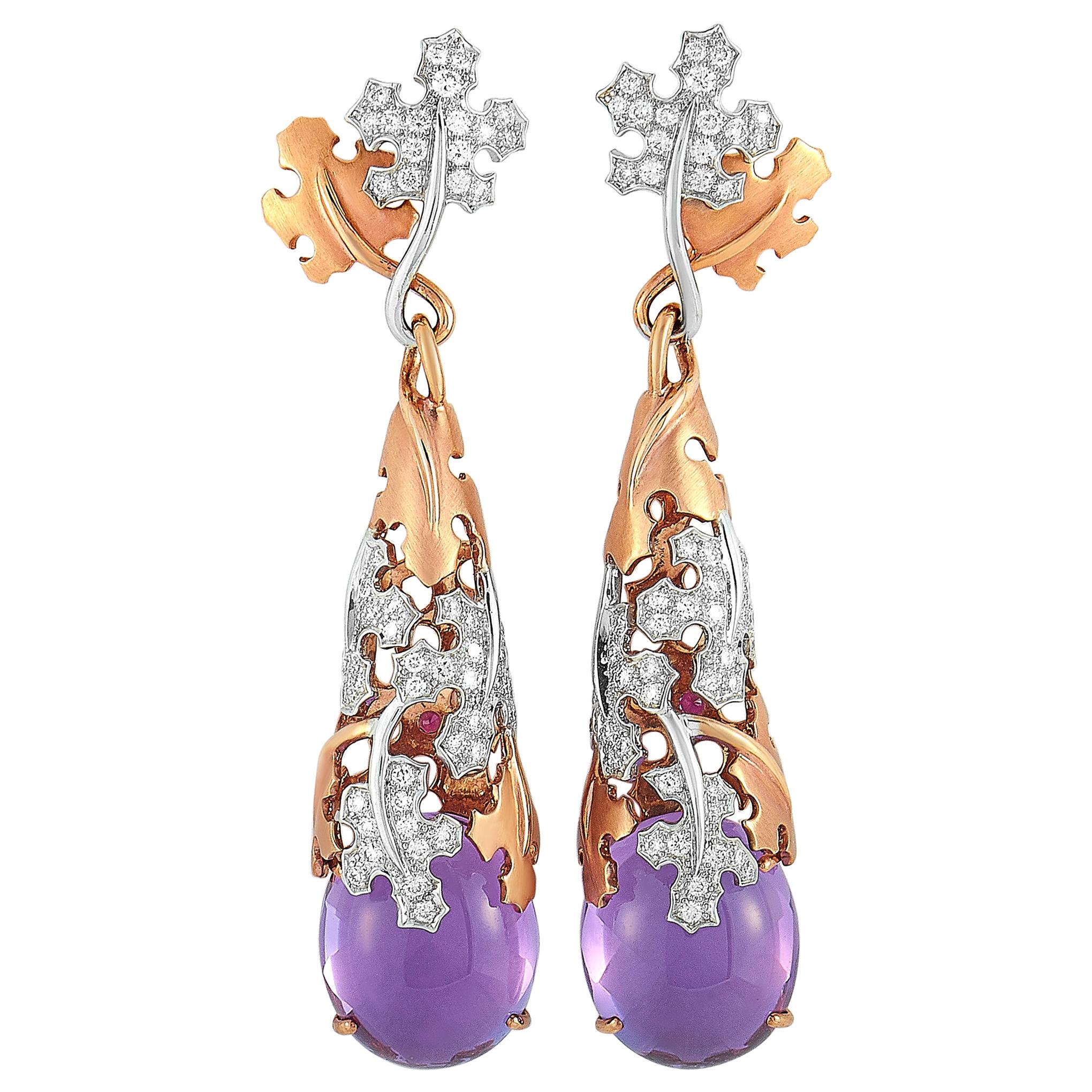 Roberto Coin 18K Rose and White Gold Diamond and Amethyst Long Drop Earrings