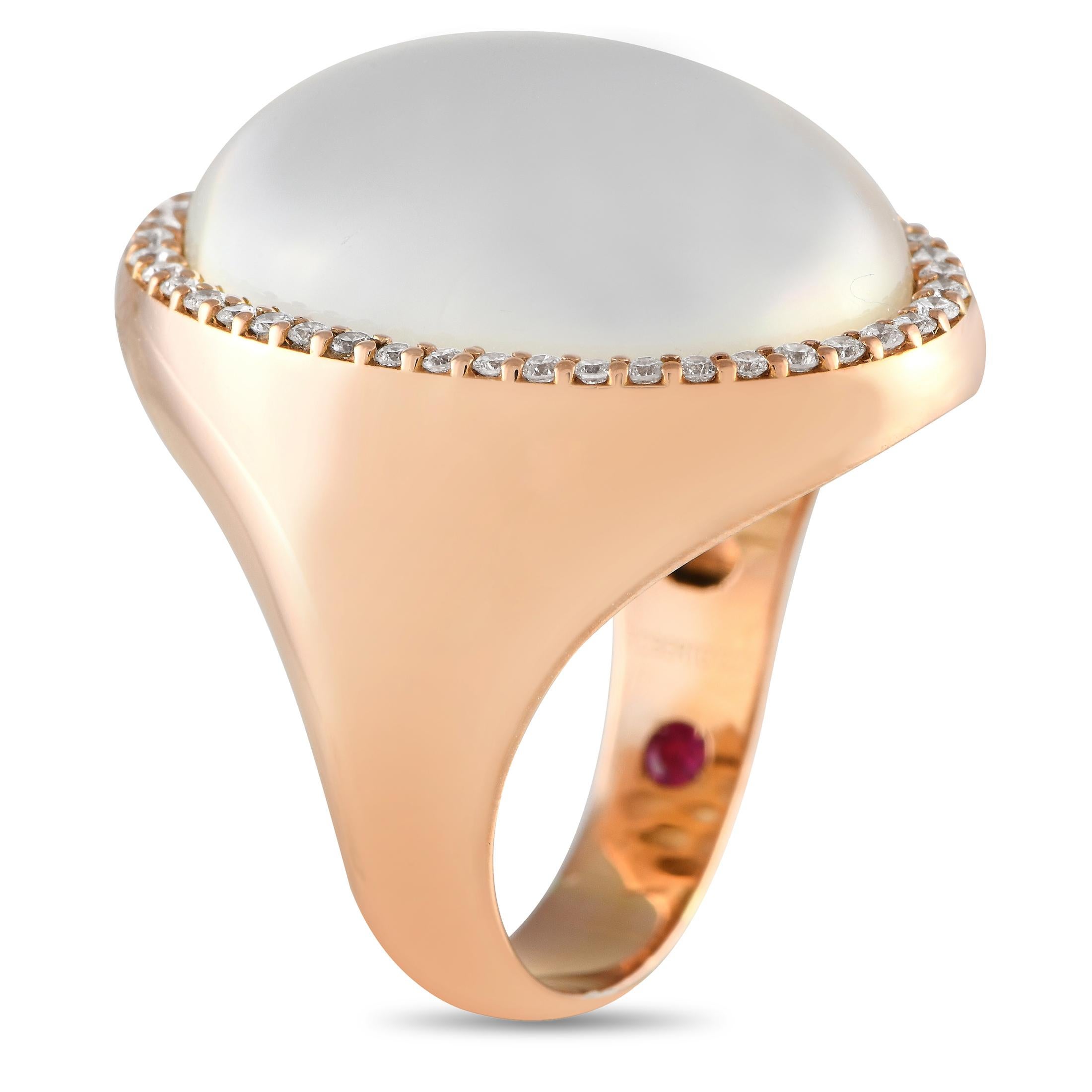 This Roberto Coin ring will serve as a breathtaking addition to any ensemble. At the center of the shimmering 18K Rose Gold setting, youll find a bold Mother of Pearl center stone surrounded by a halo of sparkling Diamonds with a total weight of