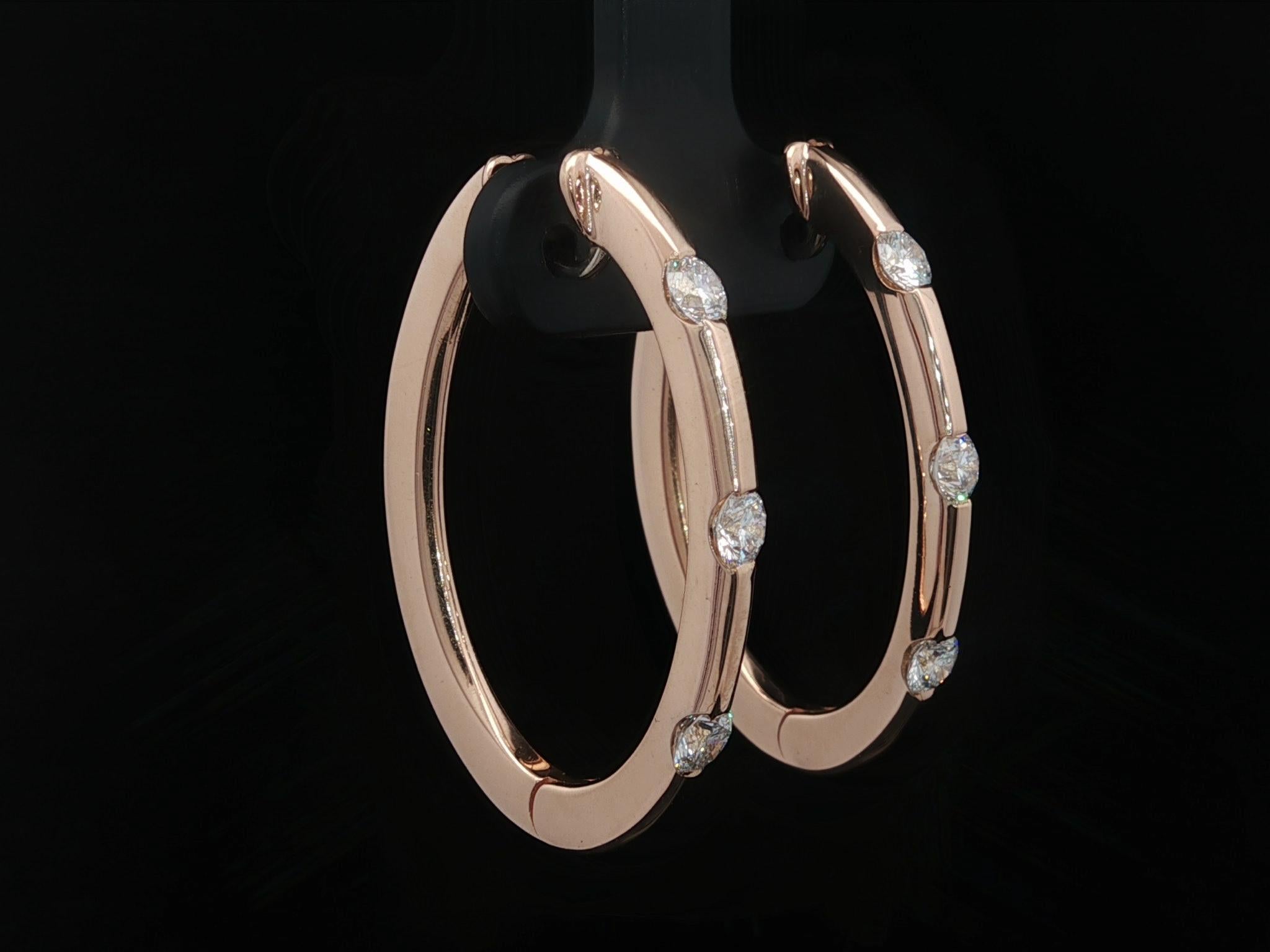 Taglio brillante Roberto Coin - Orecchini a cerchio ovali con 3 pietre e diamanti in oro rosa 18 carati da 0,90 ct. in vendita