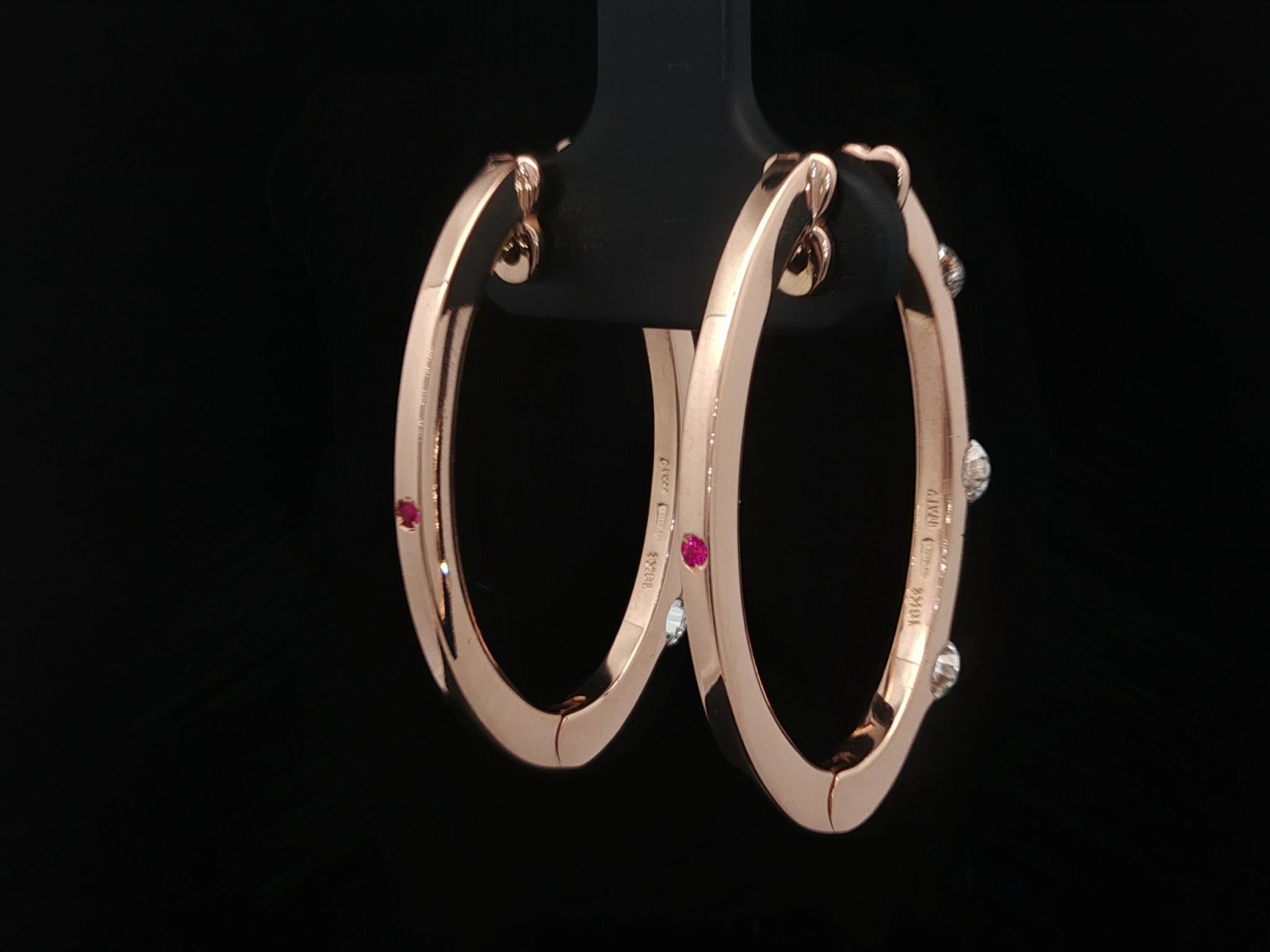 Roberto Coin - Orecchini a cerchio ovali con 3 pietre e diamanti in oro rosa 18 carati da 0,90 ct. in vendita 1