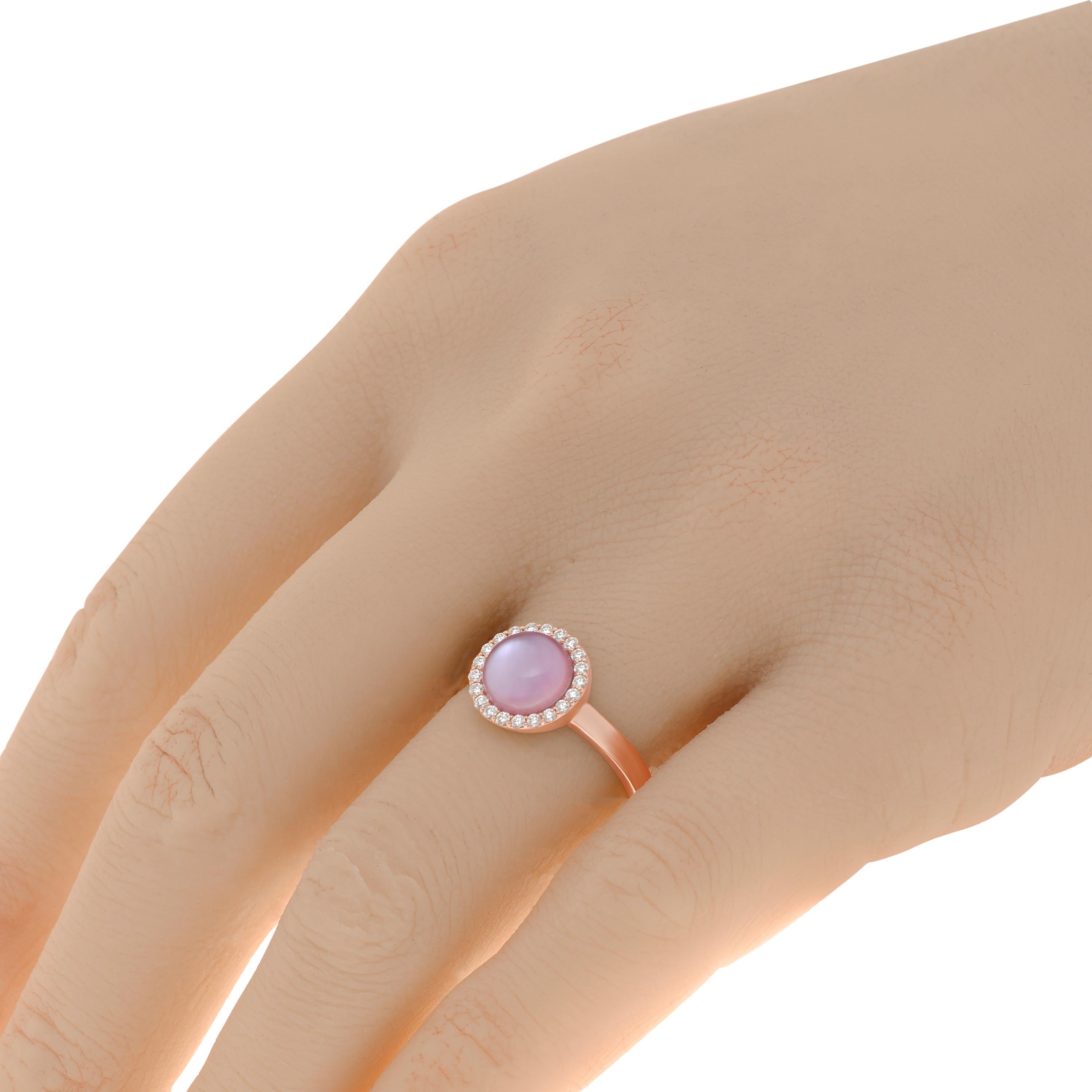 Roberto Coin 18K rose gold halo ring features 2.00ct. tw. cabochon amethyst shimmering with a 0.15ct. tw. white diamond halo. The ring size is 6.5 (53.1). The decoration size is 10mm. The weight is 4g.
