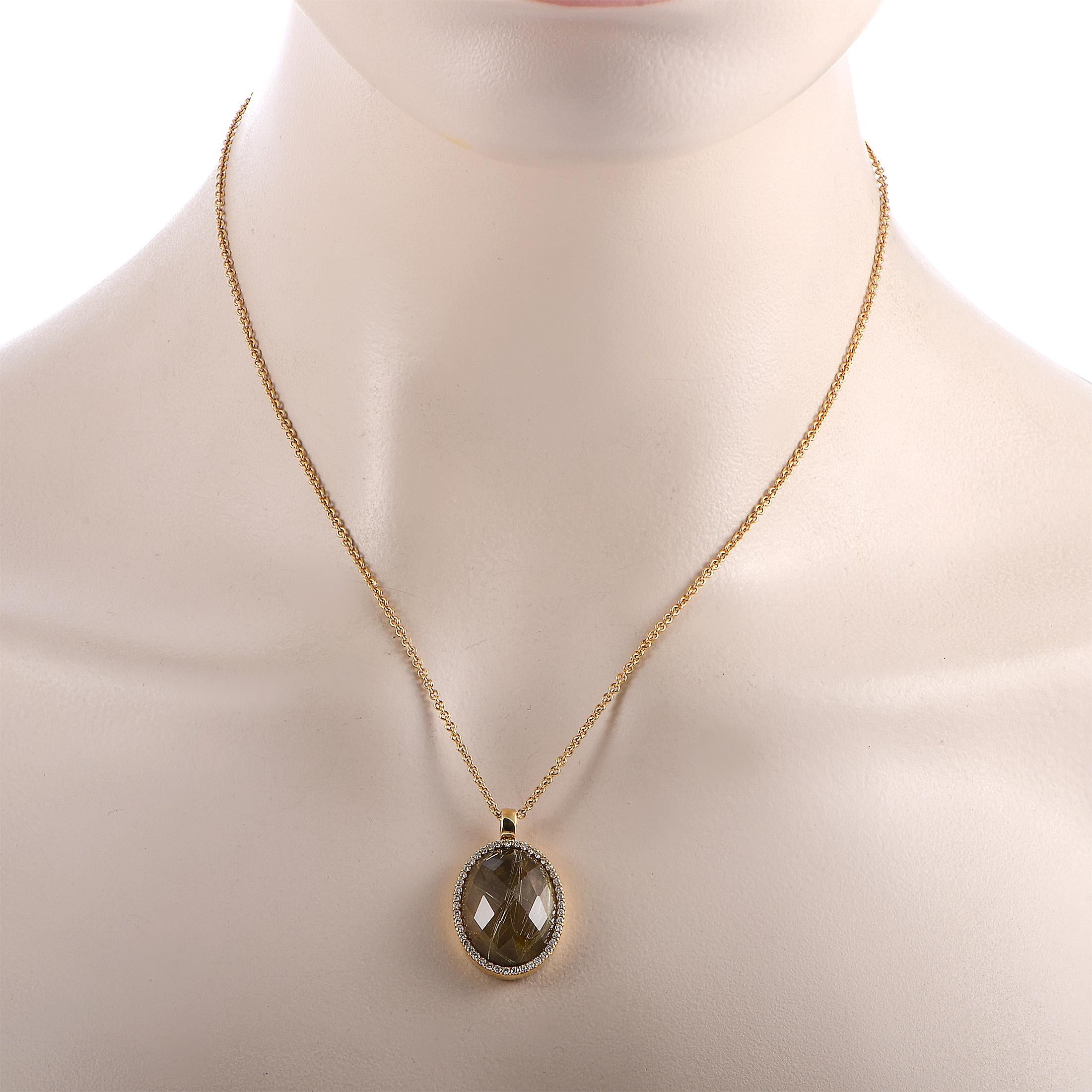 This Roberto Coin necklace is crafted from 18K rose gold, boasting an 18” chain with lobster claw closure and a pendant that measures 1.25” in length and 0.75” in width. The necklace weighs 15.2 grams and is set with a smoky quartz and a total of