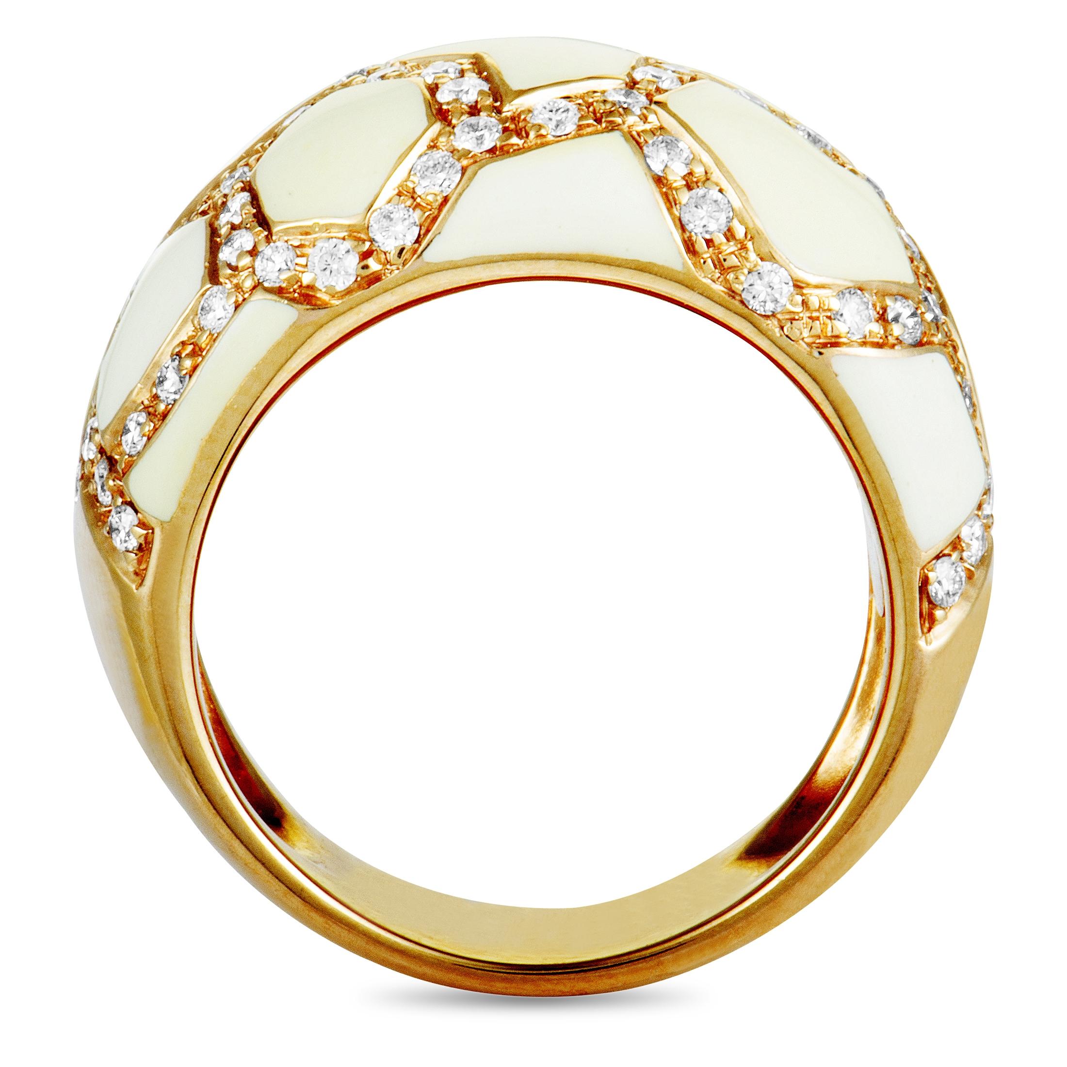 A piece of exceptional aesthetic and artistic value, this fashionable ring designed by Roberto Coin is beautifully made of alluring 18K rose gold that is attractively accentuated by sublime white enamel and scintillating diamonds that weigh 0.75