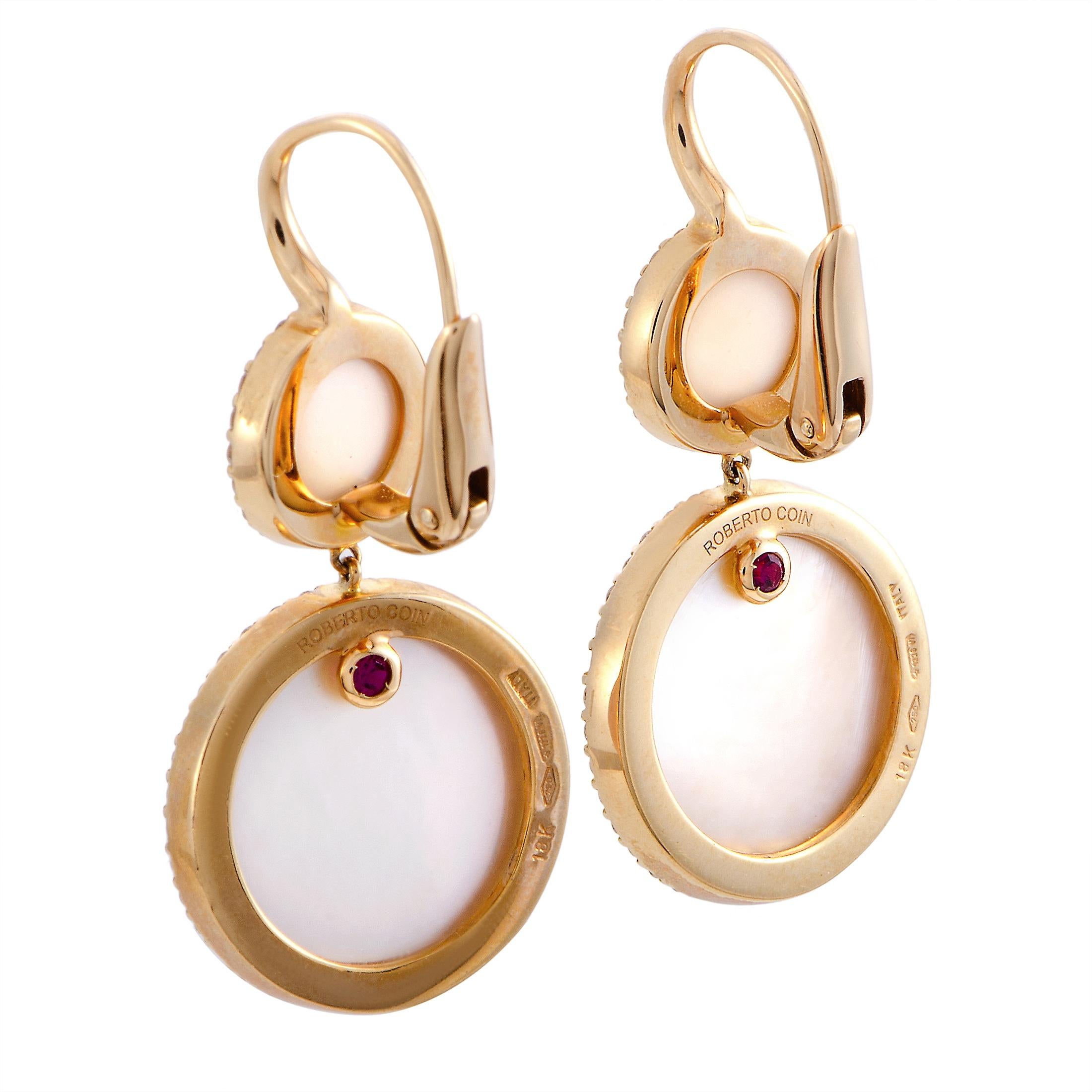 These Roberto Coin earrings are crafted from 18K rose gold and each weighs 7.5 grams, measuring 1.50” in length and 0.55” in width. The earrings are set with pink quartz and a total of 1.10 carats of diamonds.

Offered in brand new condition, this