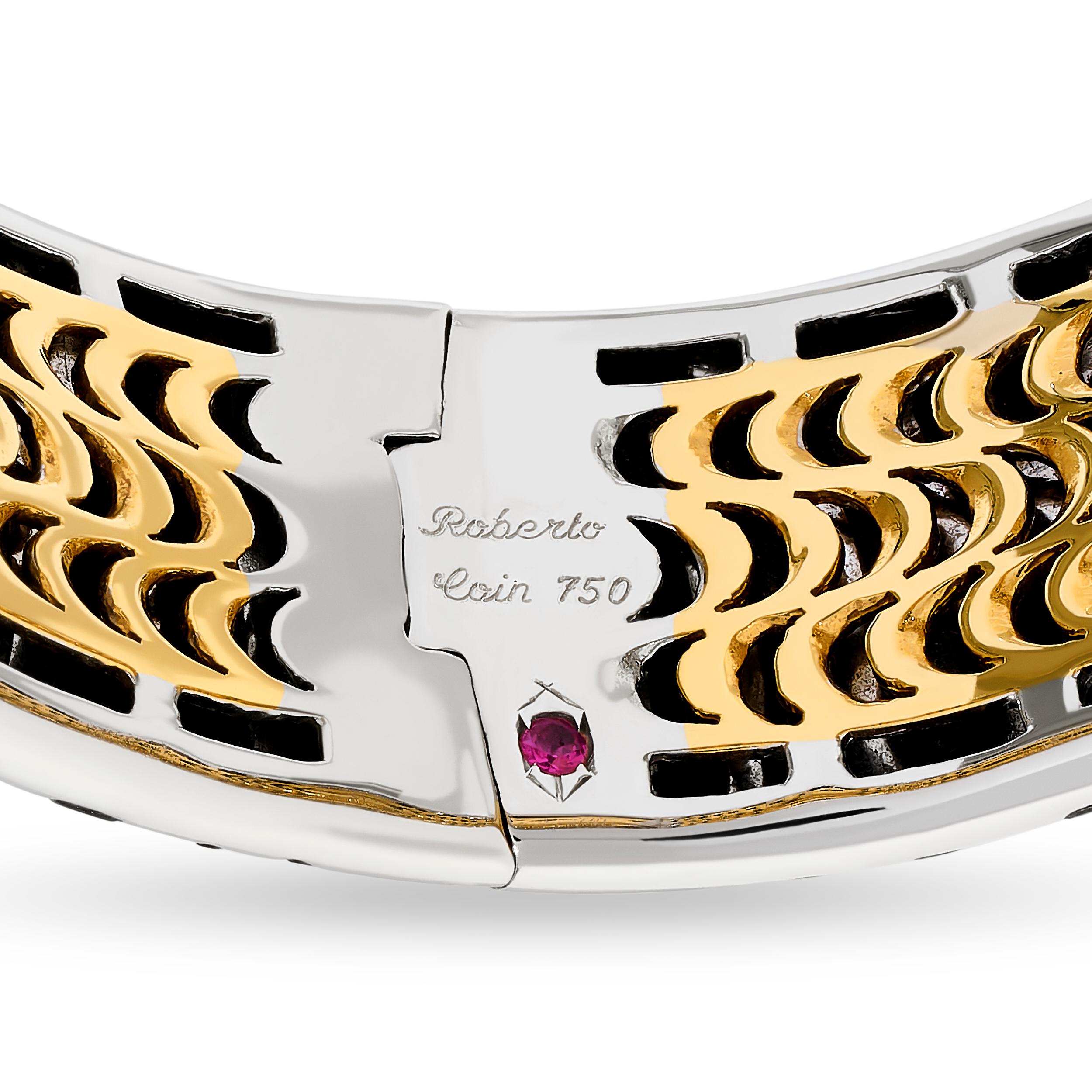Roberto Coin Bracelet jonc rayé bicolore 18 carats avec diamants et onyx Excellent état - En vente à Philadelphia, PA