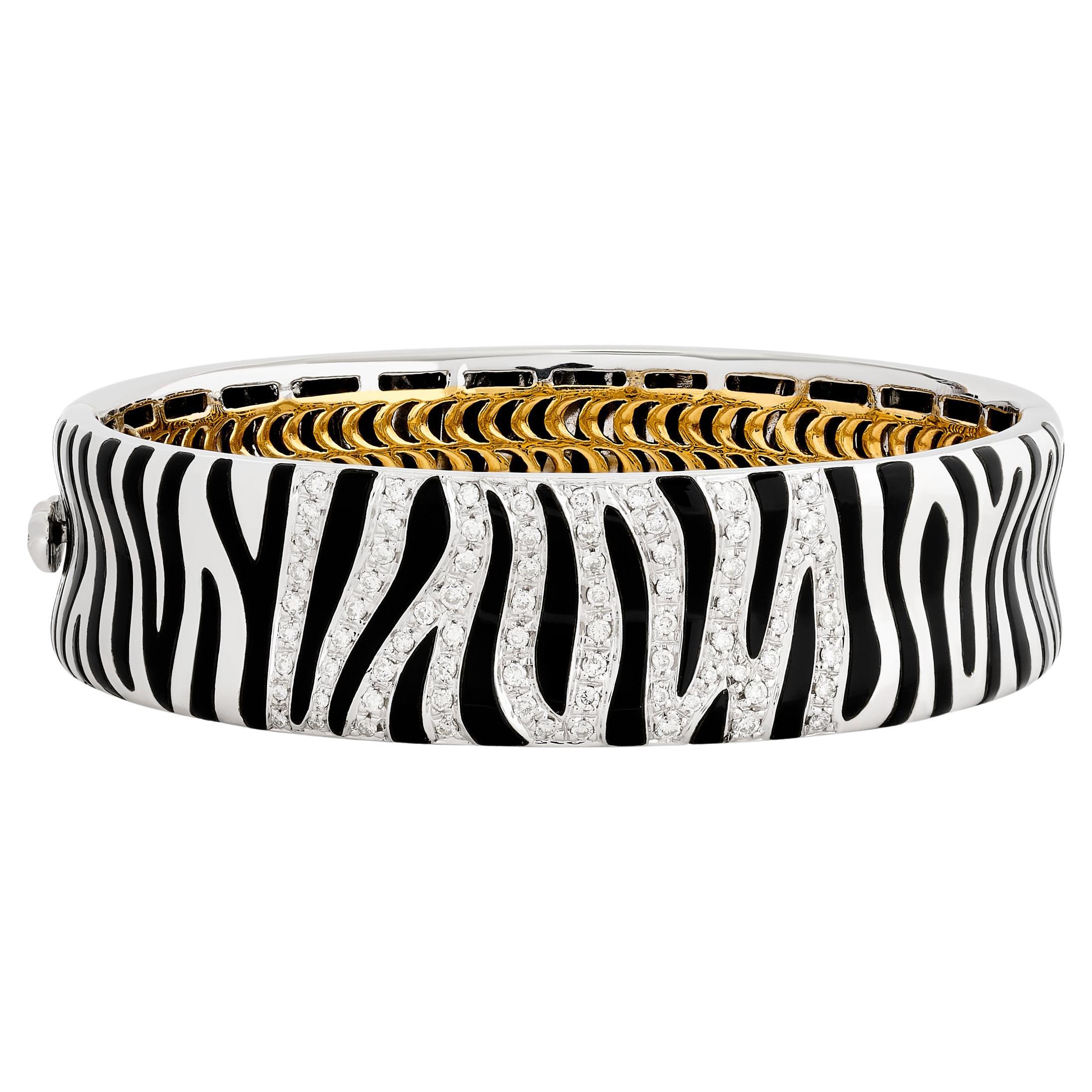 Roberto Coin 18K Two Tone Diamond and Onyx Zebra Stripe Bangle For Sale