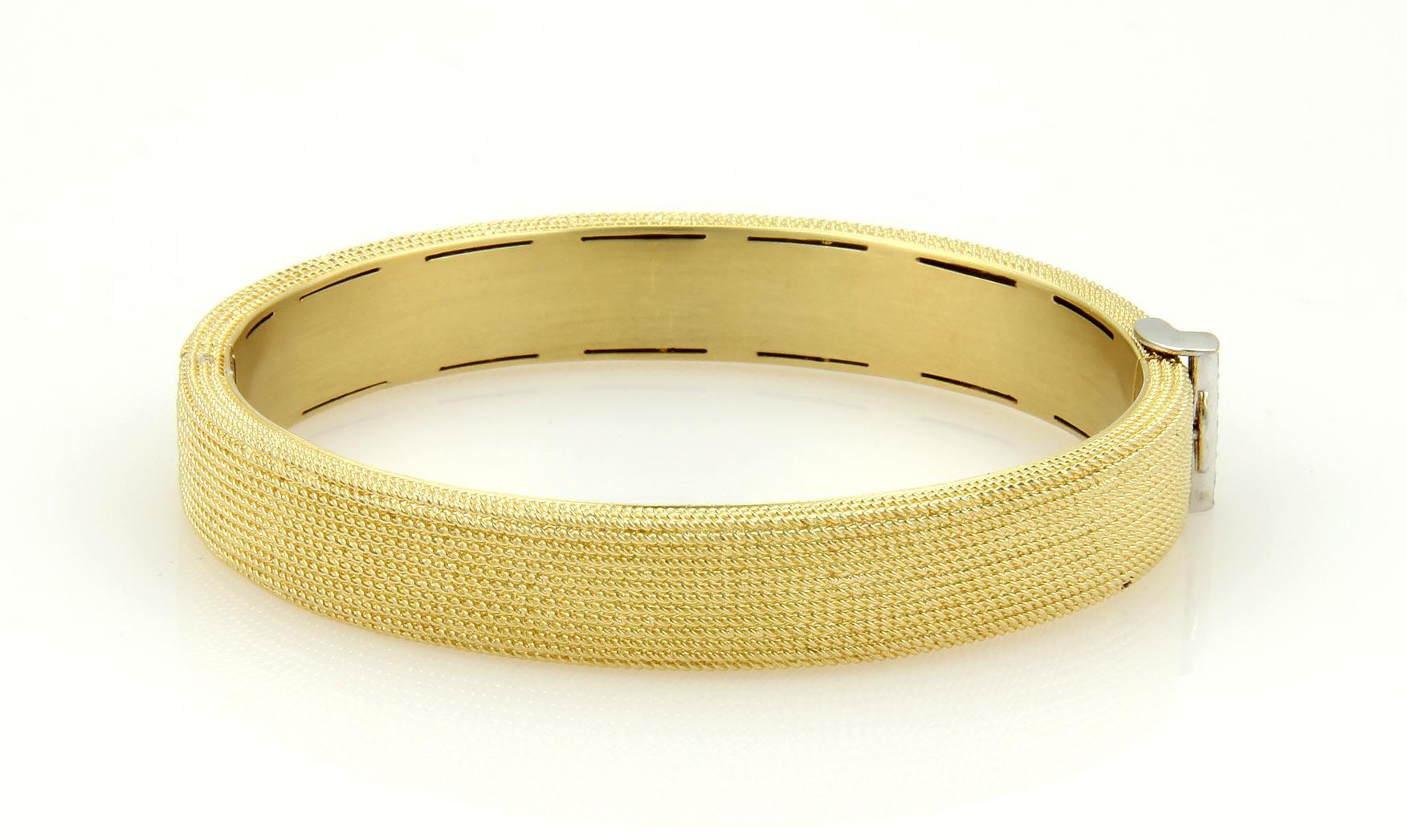 Modern Roberto Coin 18k Two Tone Gold Diamond Wide Textured Bangle Bracelet For Sale