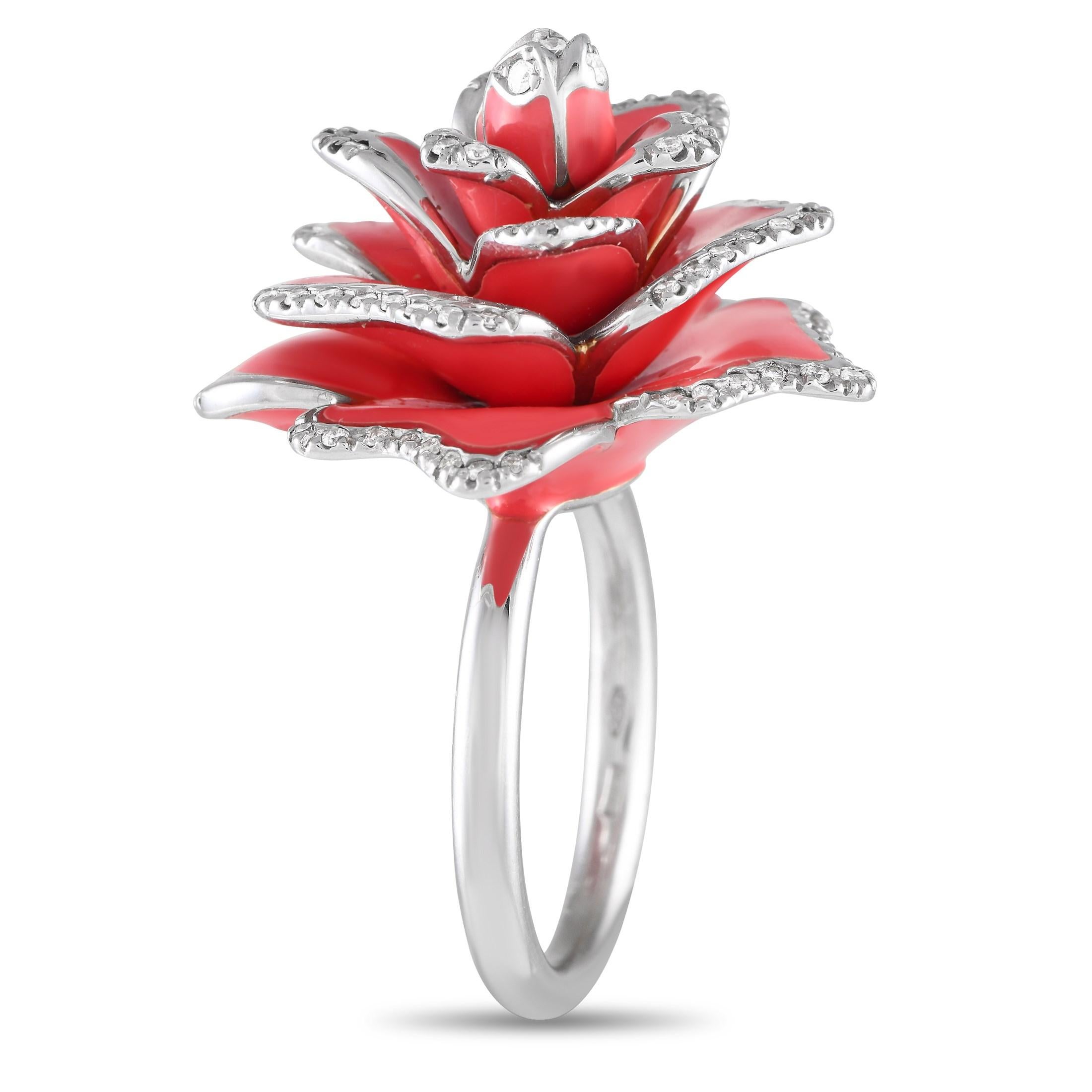 It's impossible not to notice the blooming beauty of this statement ring. A lovely creation by Roberto Coin, this ring features a polished white gold band topped with an oversized sculpture of a rose. The striking blossom has layers and layers of