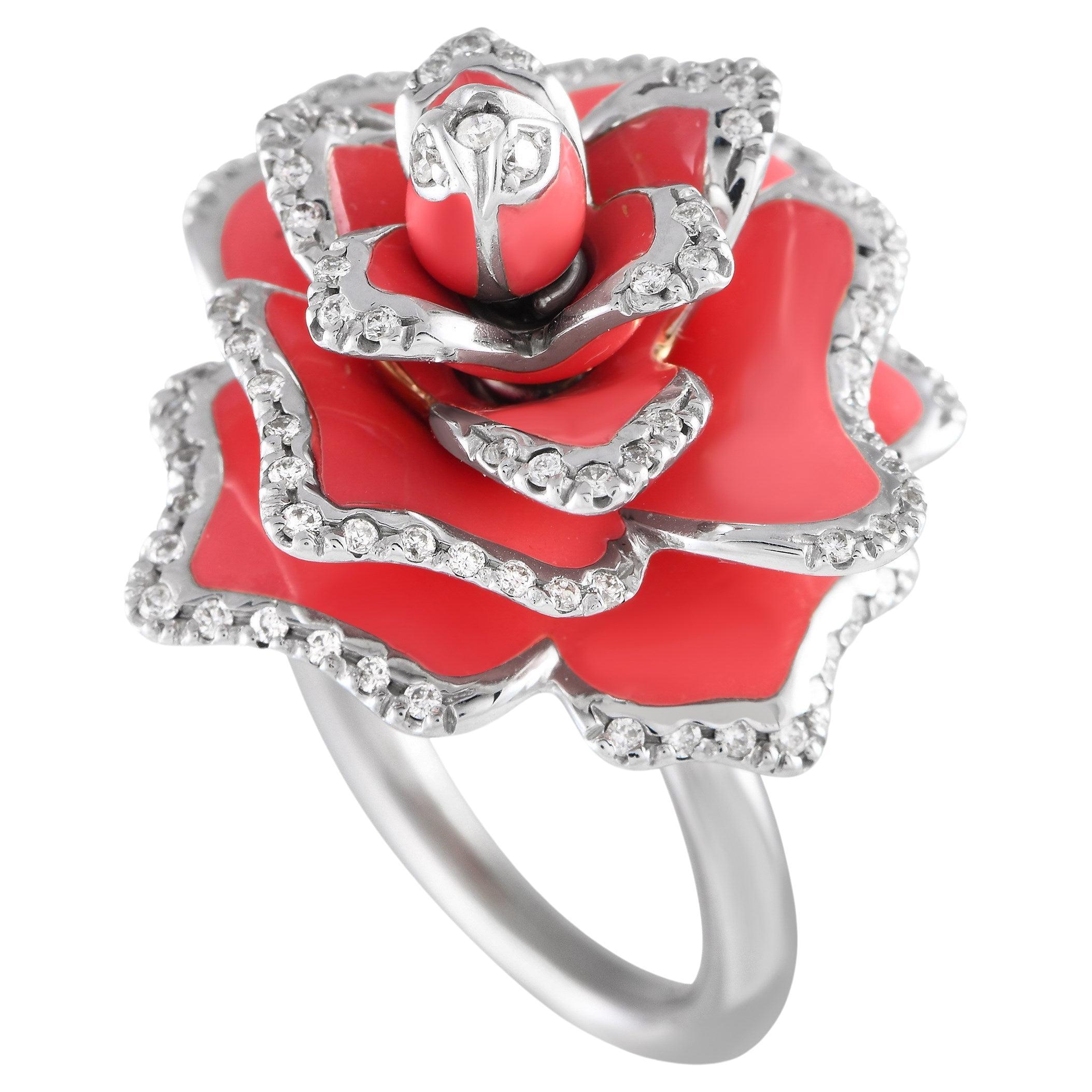 Roberto Coin, bague d'exception en or blanc 18 carats, diamant 0,55 carat, émail et rose rouge en vente